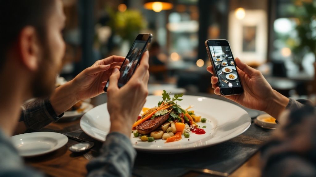 A top-down view of a beautifully plated gourmet dish with fresh herbs and sauce, ready for an Instagram photo.