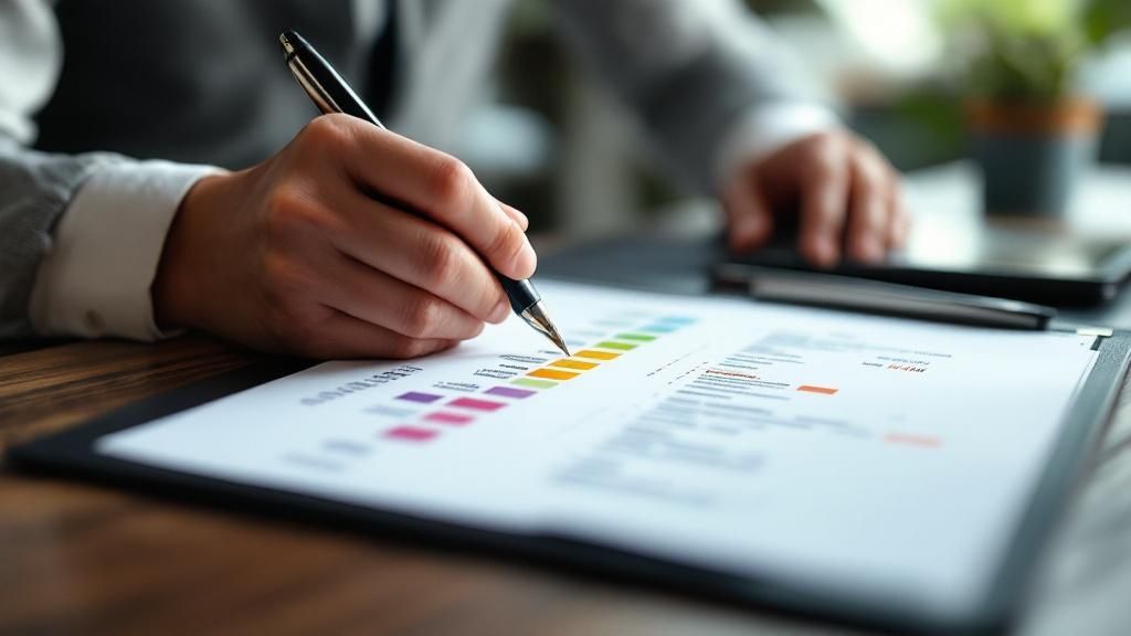 A restaurant manager analyzing market trend data on a large screen with charts and graphs.