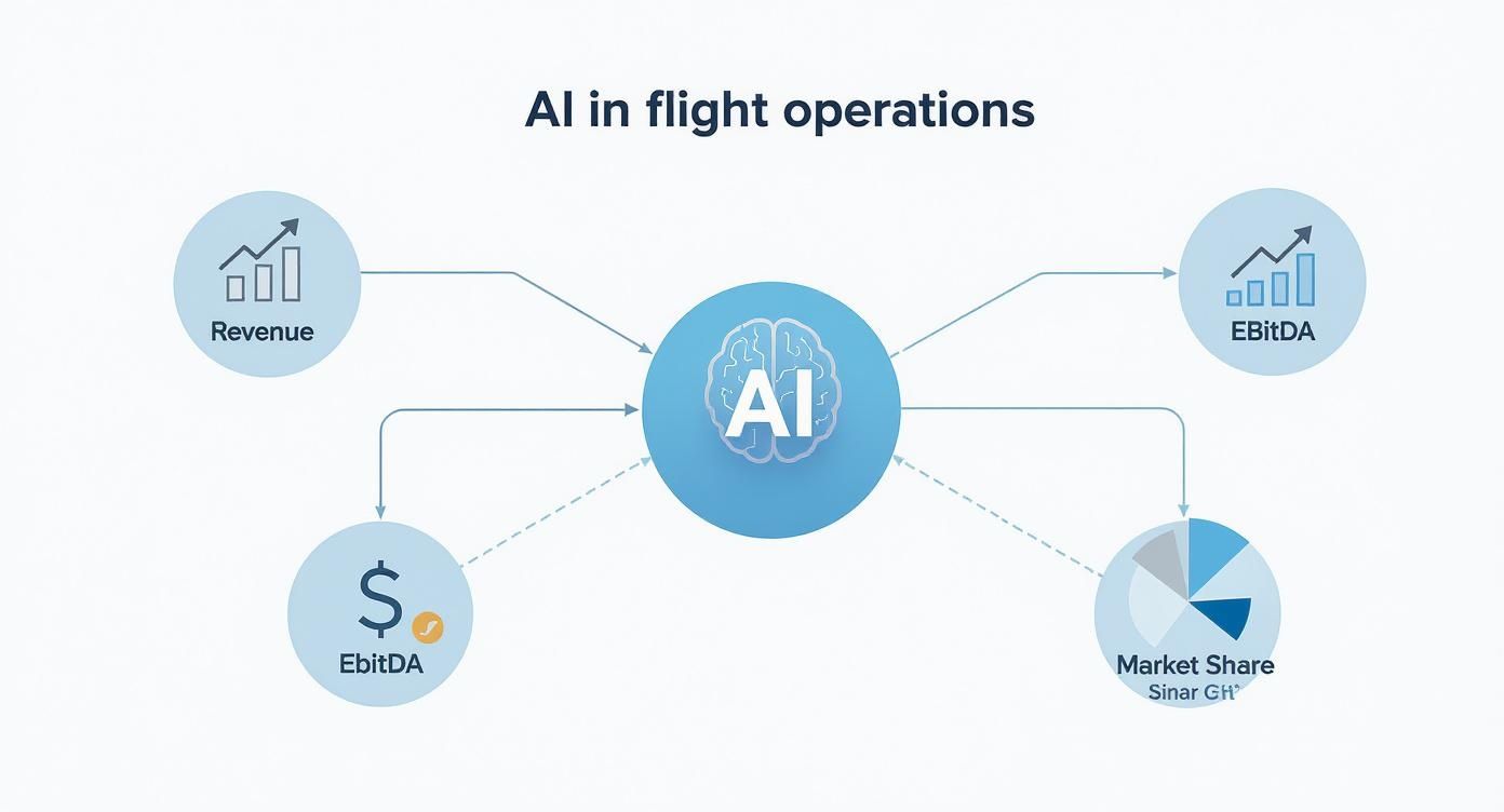 AI system connecting revenue, EBITDA, and market share metrics in flight operations diagram