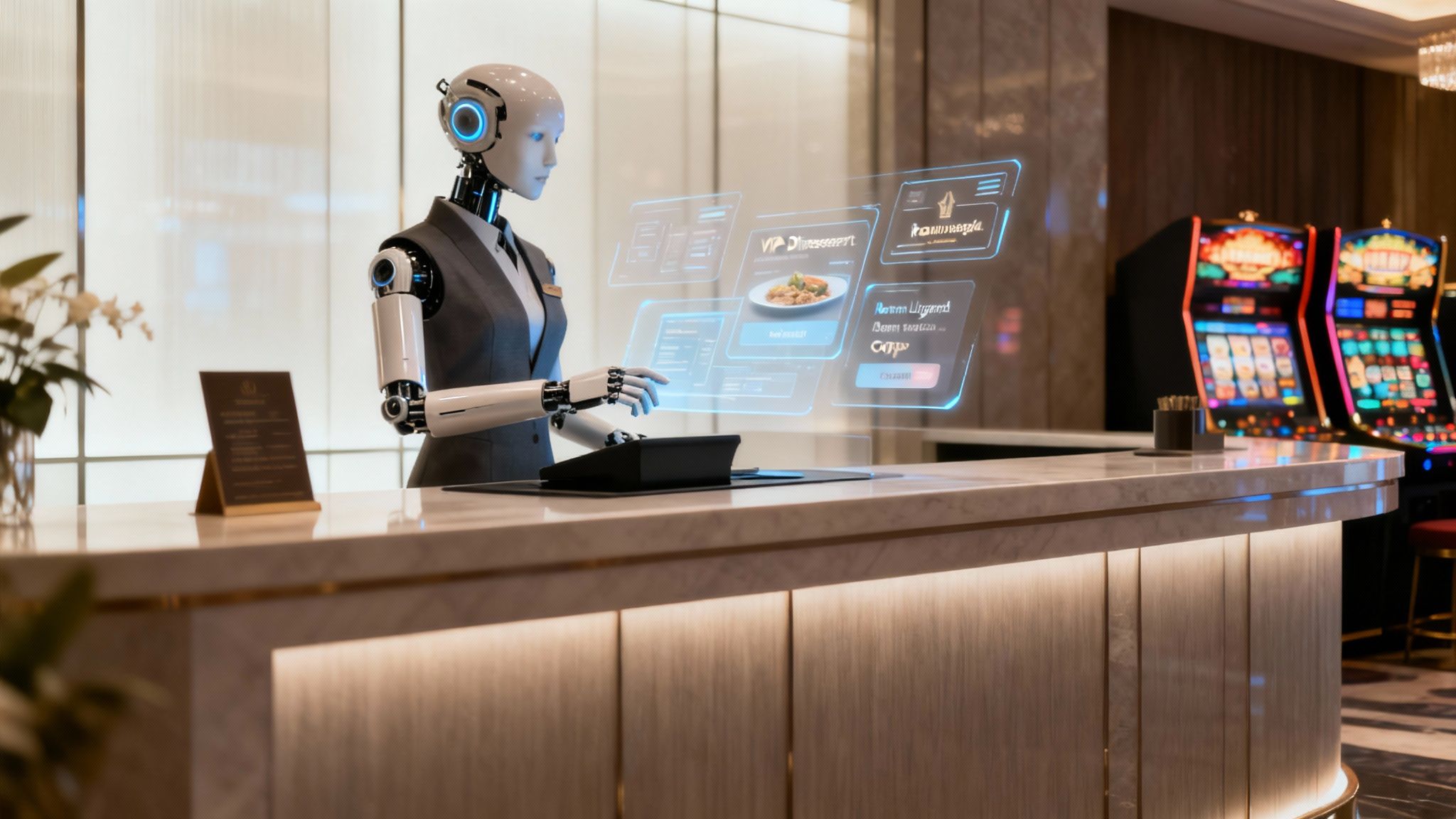 Several AI-powered digital interfaces showing guest profiles and automated tasks on a vibrant casino floor background.