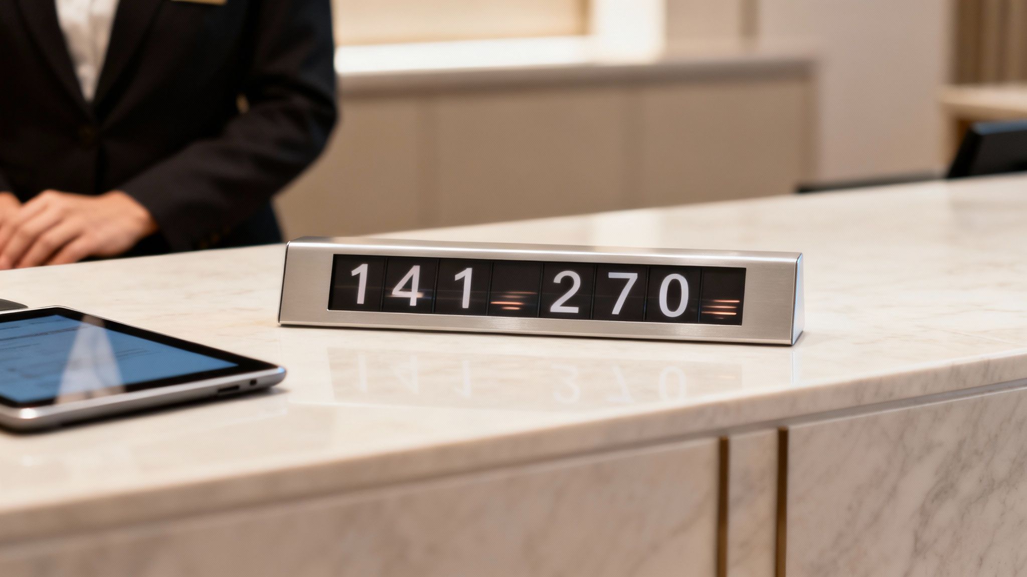 Digital flip counter display showing room rates at modern hotel reception desk with tablet