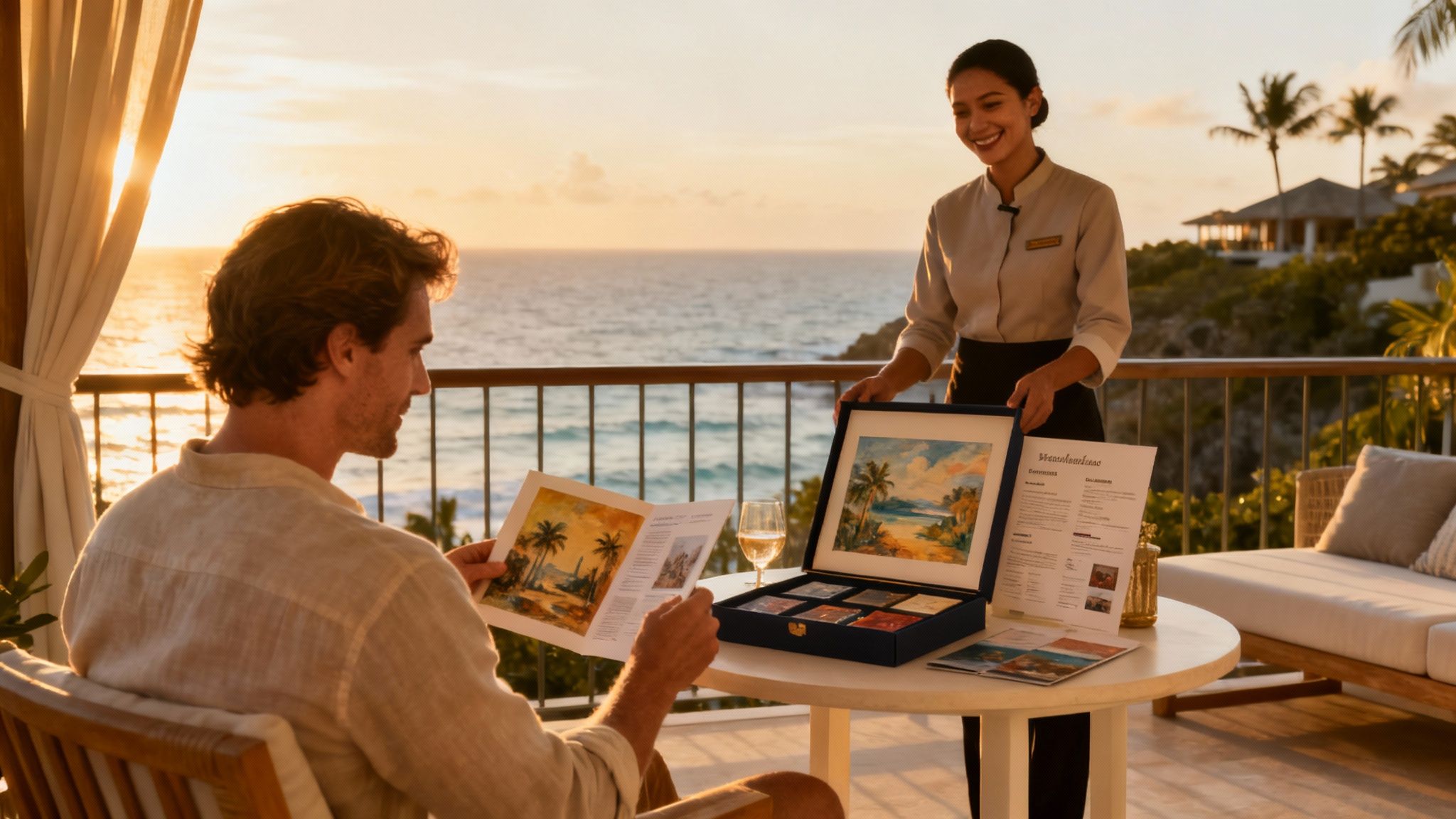 Hotel staff presenting luxury resort amenities box to guest on oceanfront terrace at sunset
