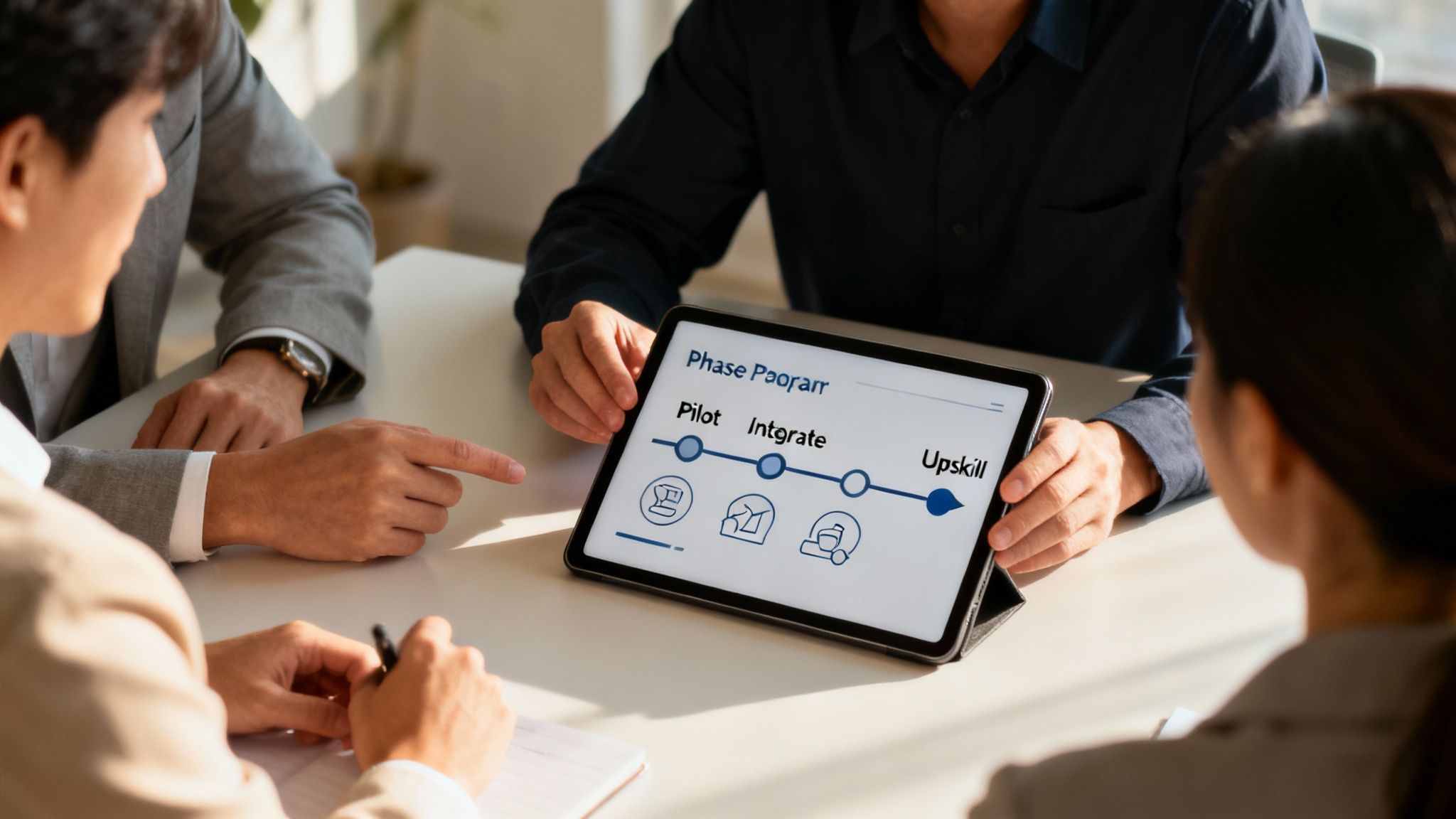 A team collaborating around a table with a roadmap and charts.