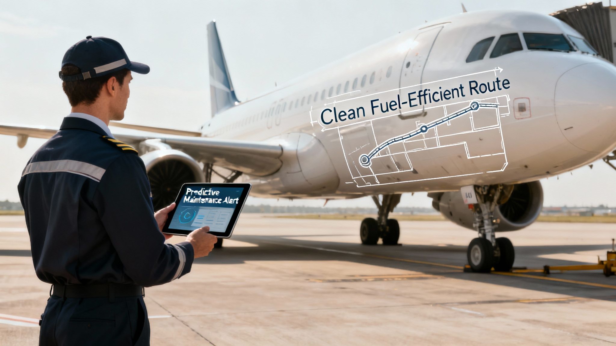 Aviation worker using tablet to monitor aircraft fuel-efficient route with predictive maintenance technology