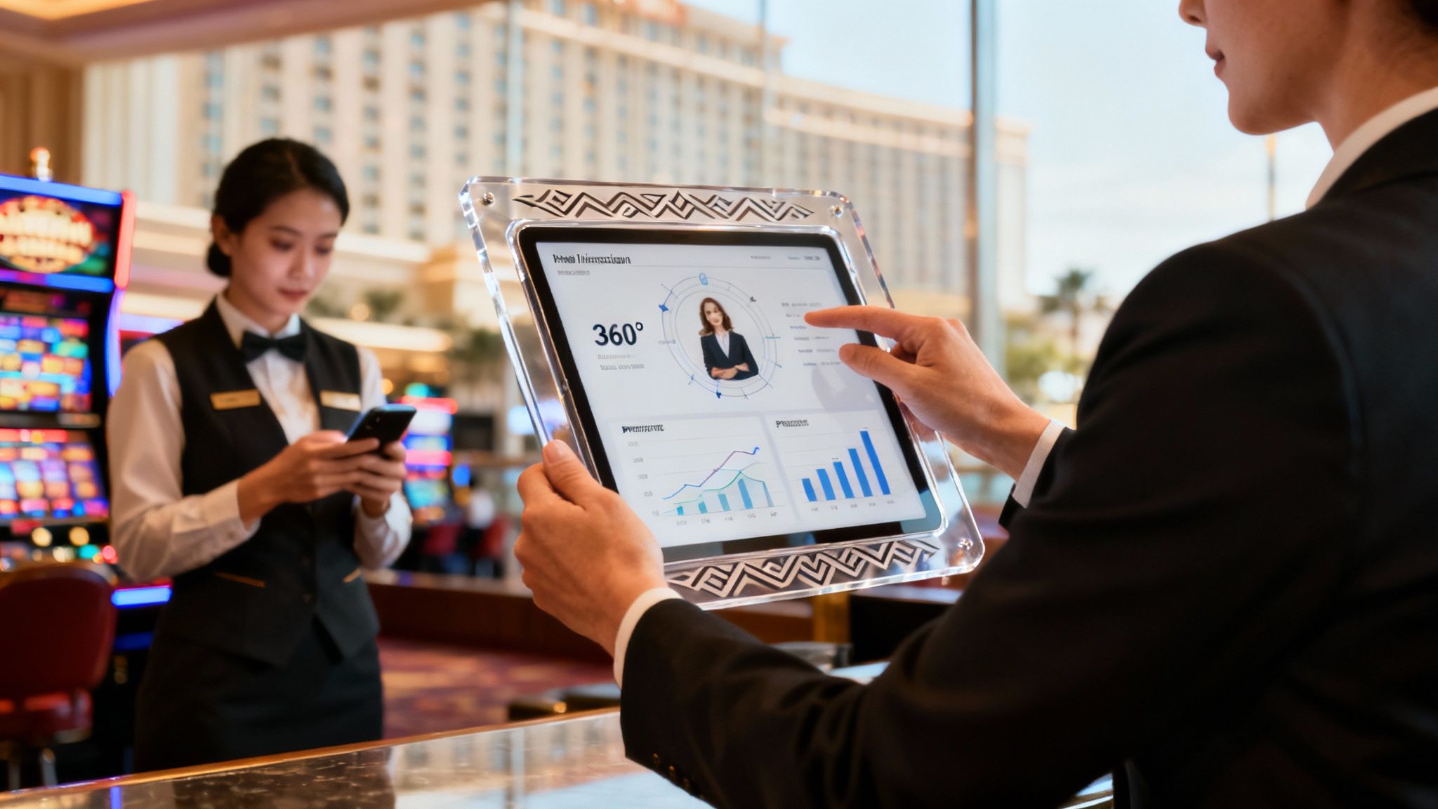 A modern analytics dashboard displaying guest loyalty metrics and revenue charts on a large screen in a casino's command center.