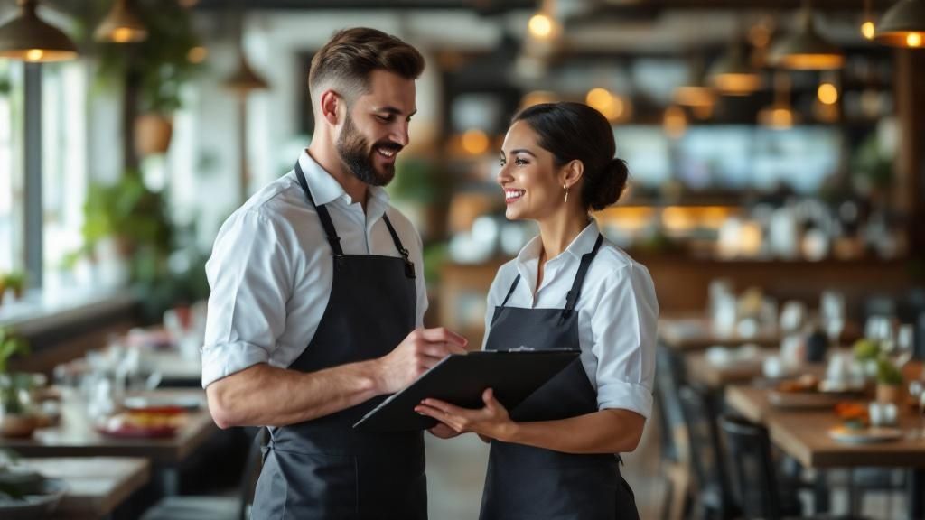 A chef training a team of restaurant staff in a modern kitchen, focusing on teamwork and service excellence.