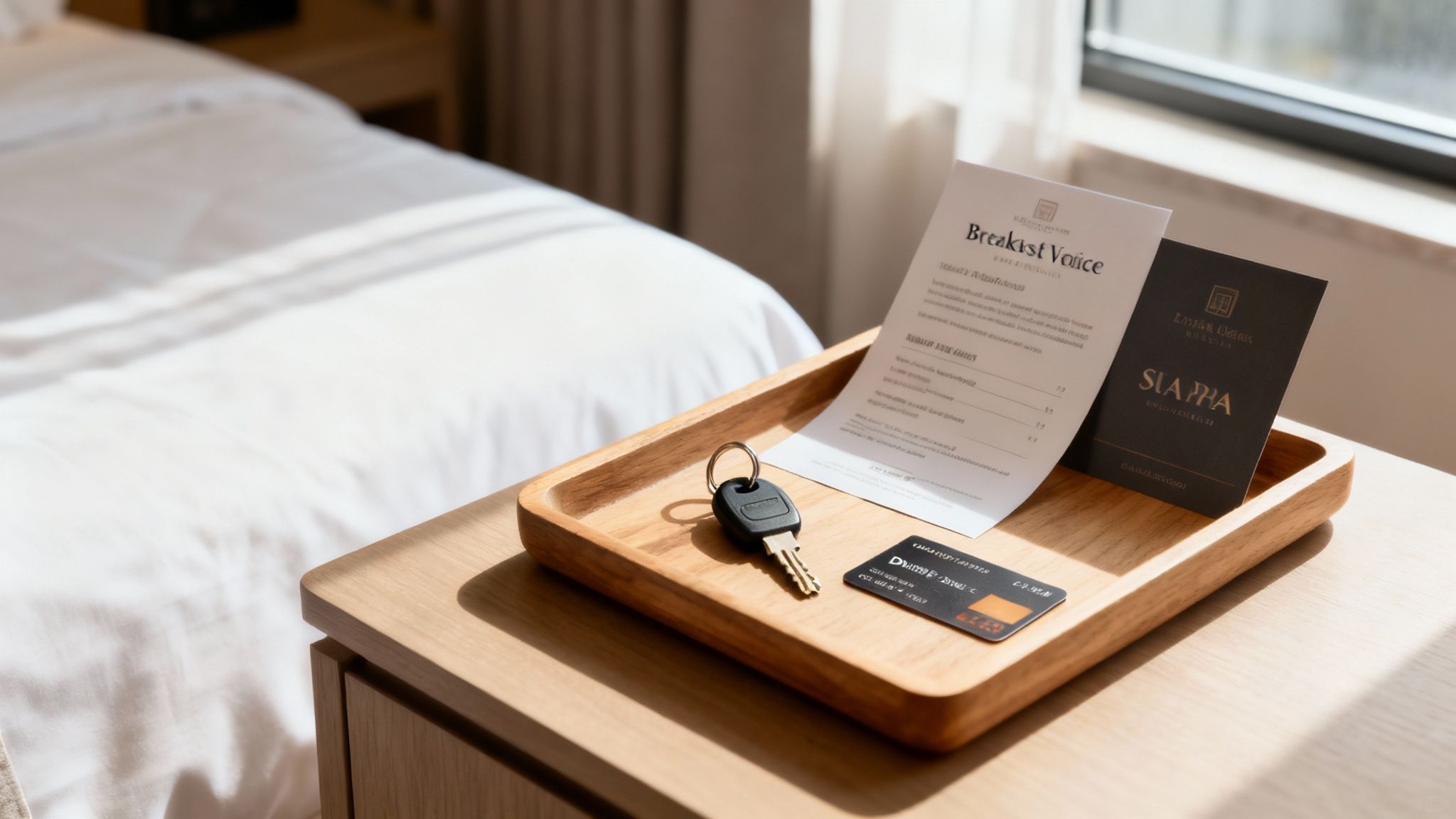Hotel room wooden tray with room key, breakfast menu, spa brochure and credit card