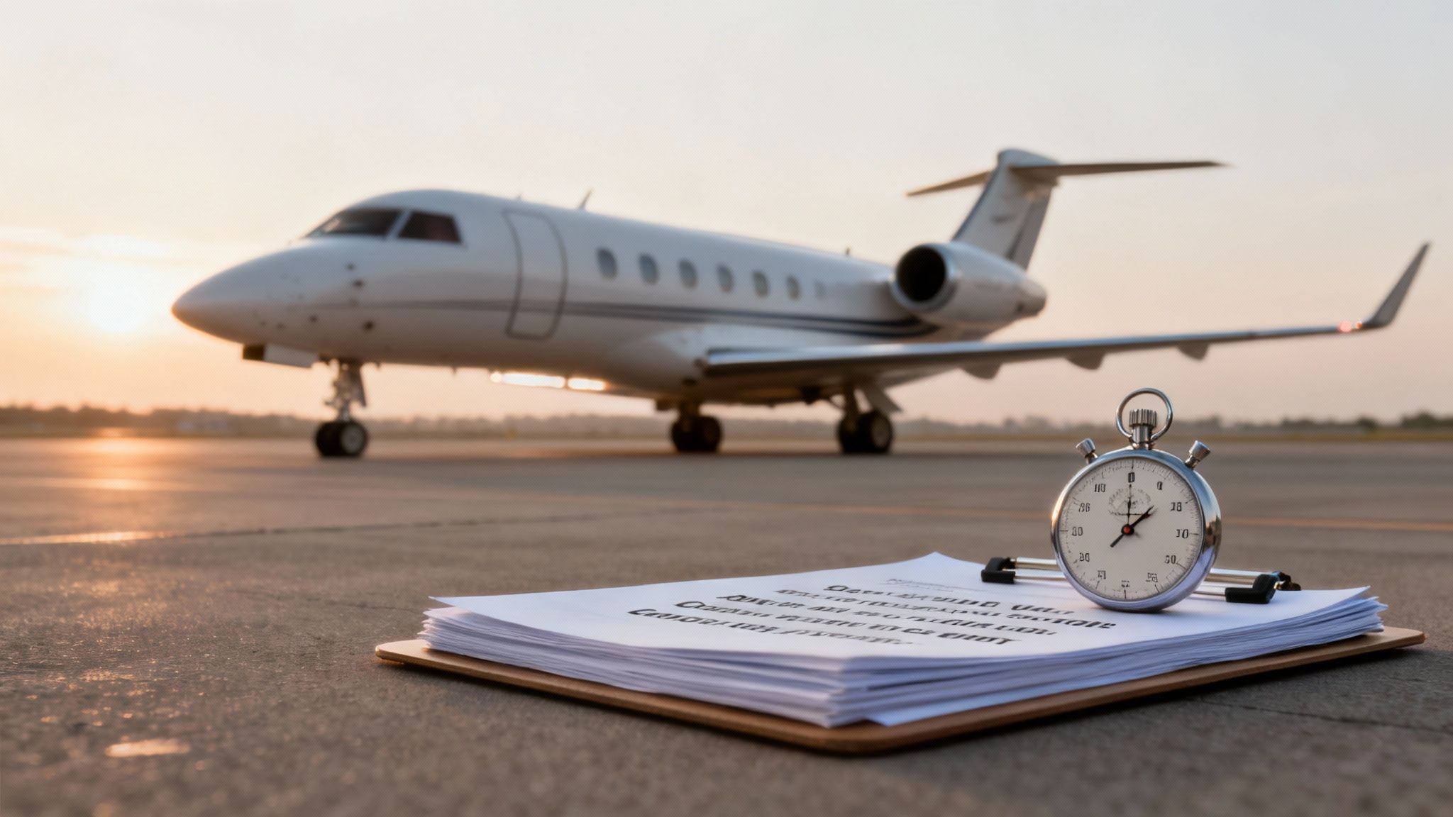 Private jet on tarmac with stopwatch and documents symbolizing efficient charter scheduling