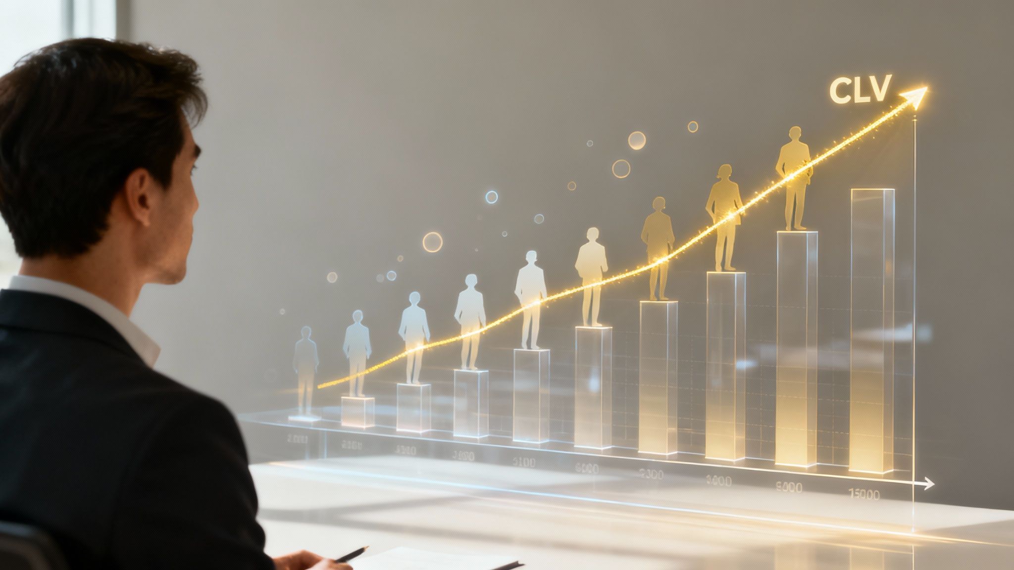 A businessman observes a holographic bar chart showing rising customer silhouettes and CLV growth.
