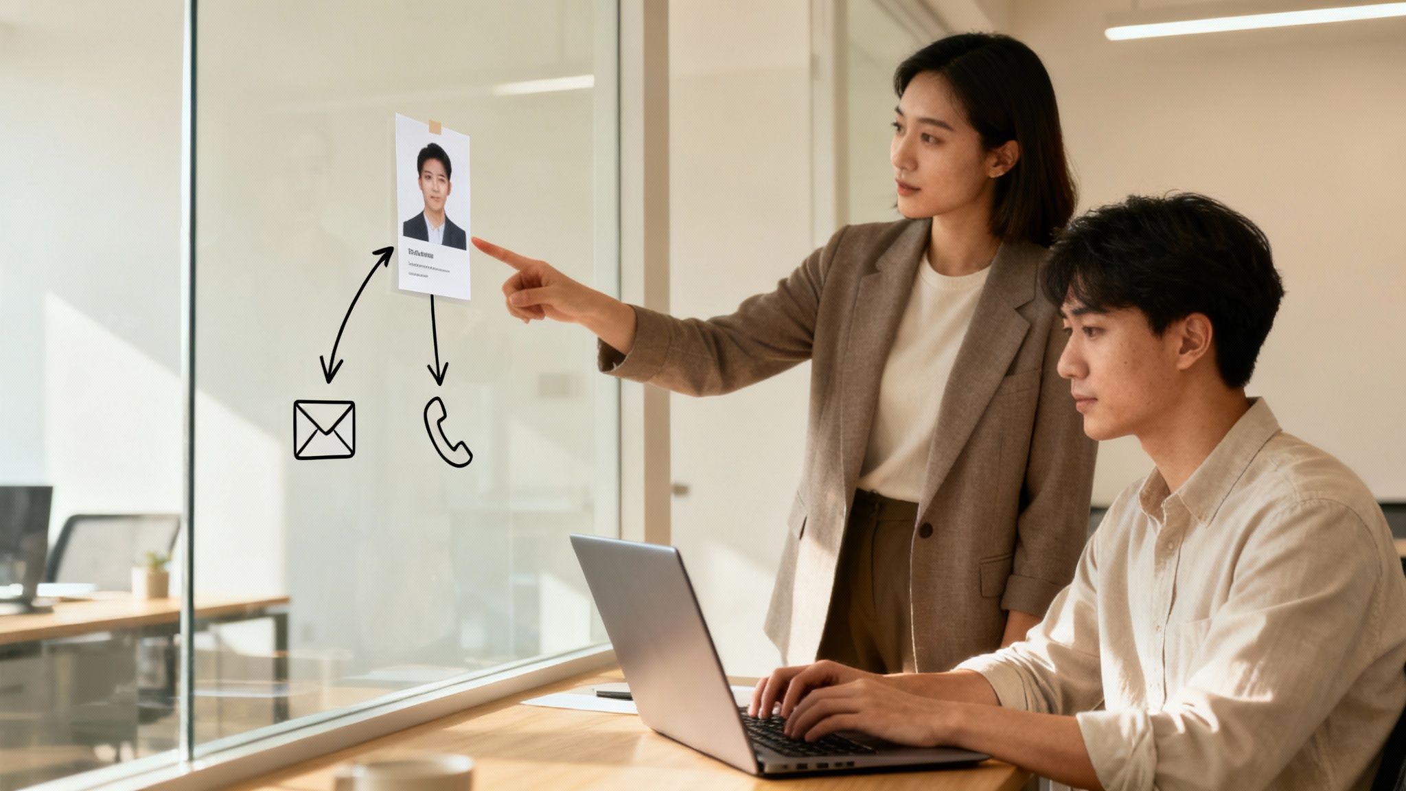 A team collaborates around a table with a laptop, charts, and sticky notes, symbolizing the activation of buyer personas in marketing and sales strategies.