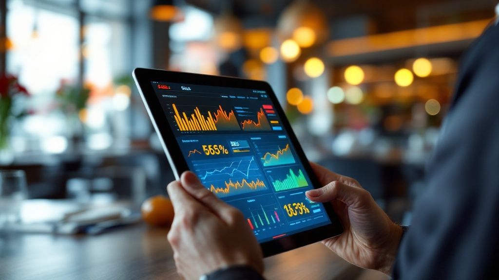 A restaurant consultant reviewing data on a tablet with a chef in a modern kitchen.