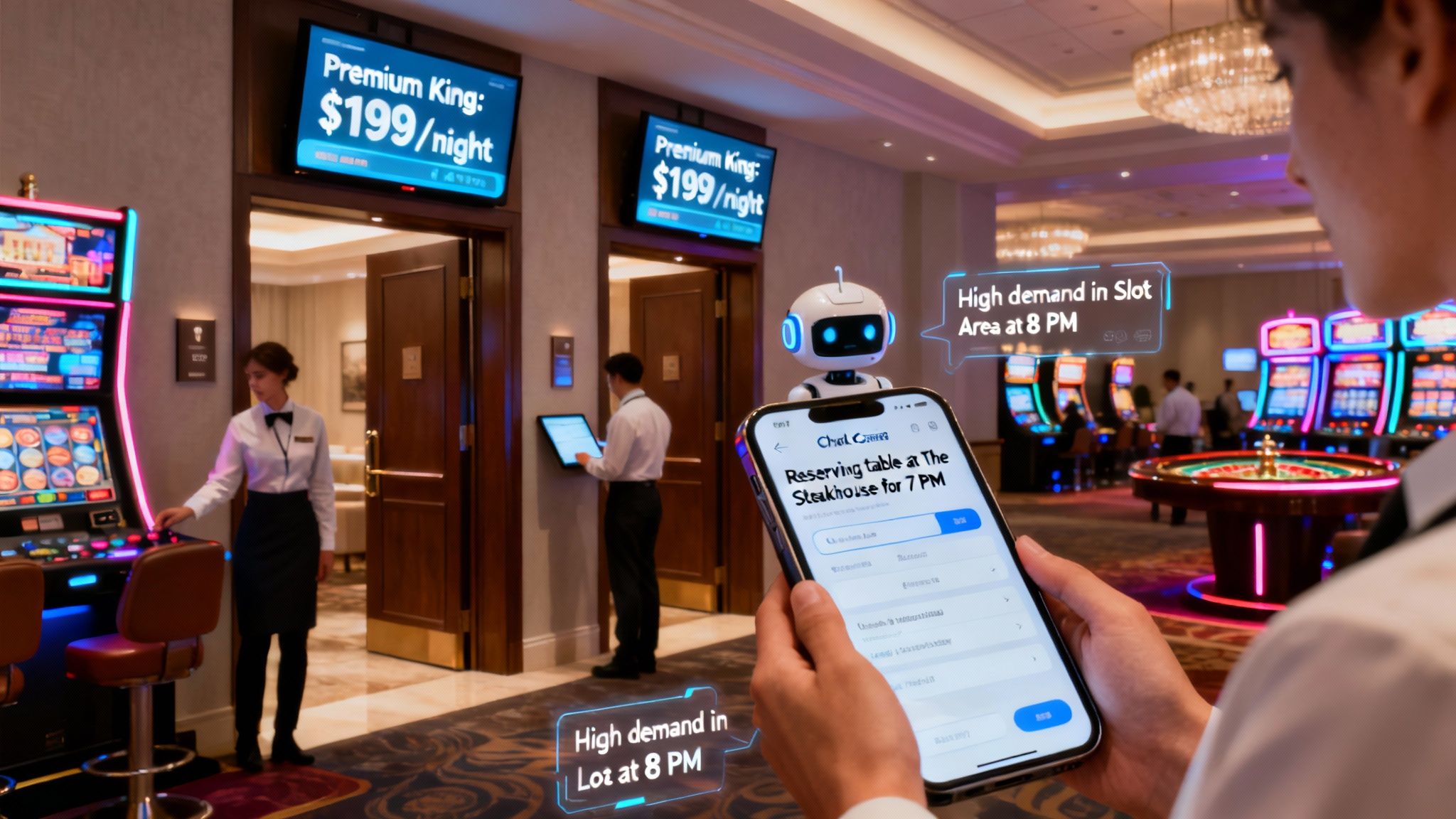 Real-world examples of AI being used in casino operations, showing a blend of technology and guest services.