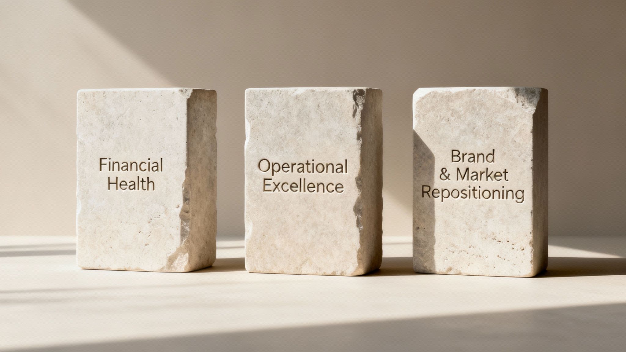 Three structural pillars in a modern building, representing the three pillars of a business turnaround.