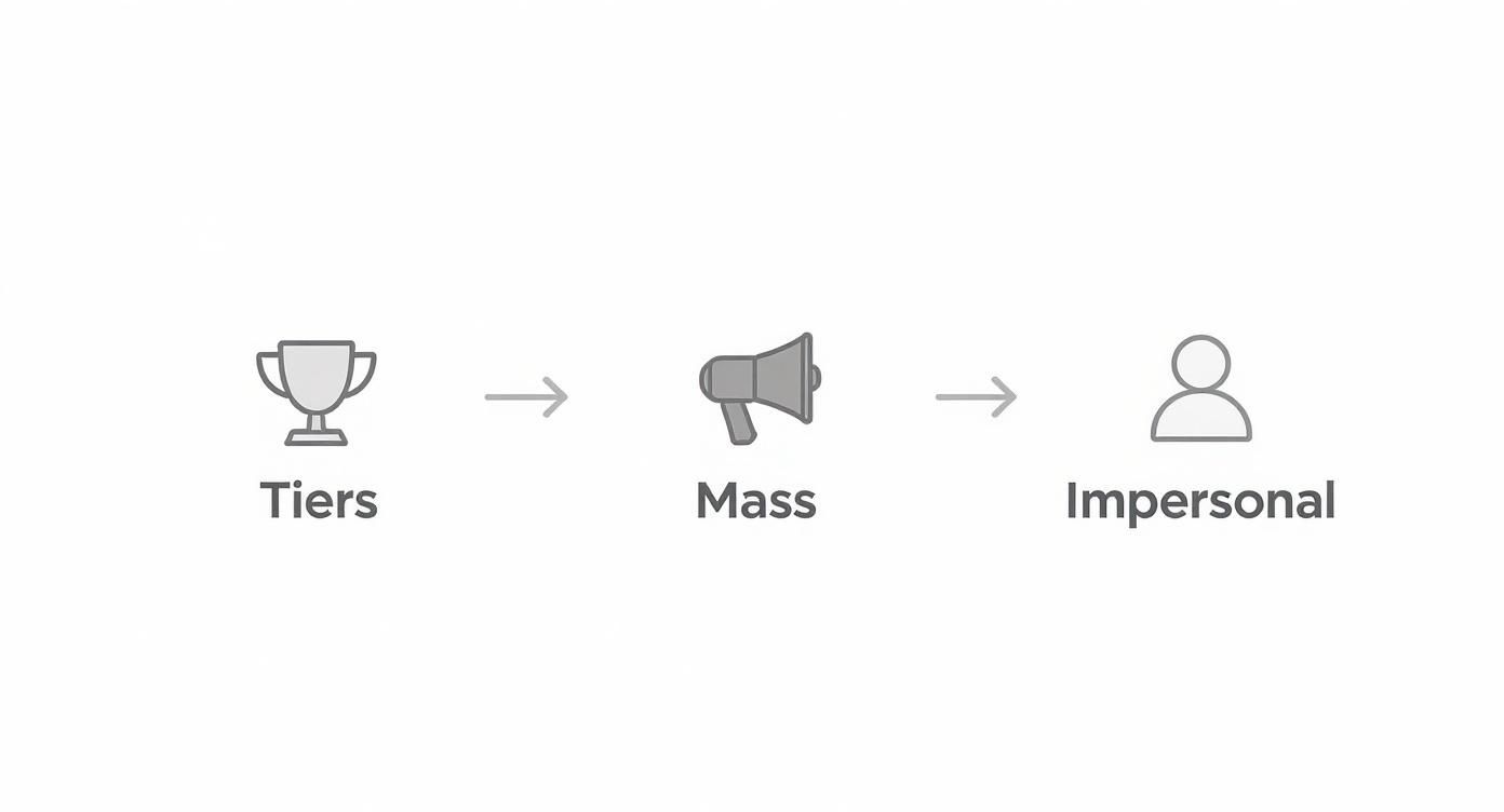 Infographic showing a process flow of outdated loyalty concepts like tiers, mass marketing, and impersonal offers.