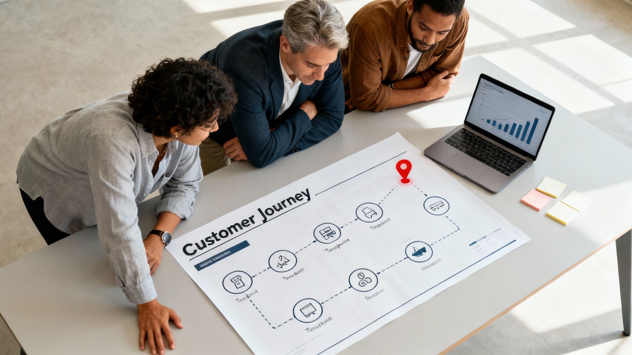 A group of professionals collaborating on a customer journey map on a whiteboard