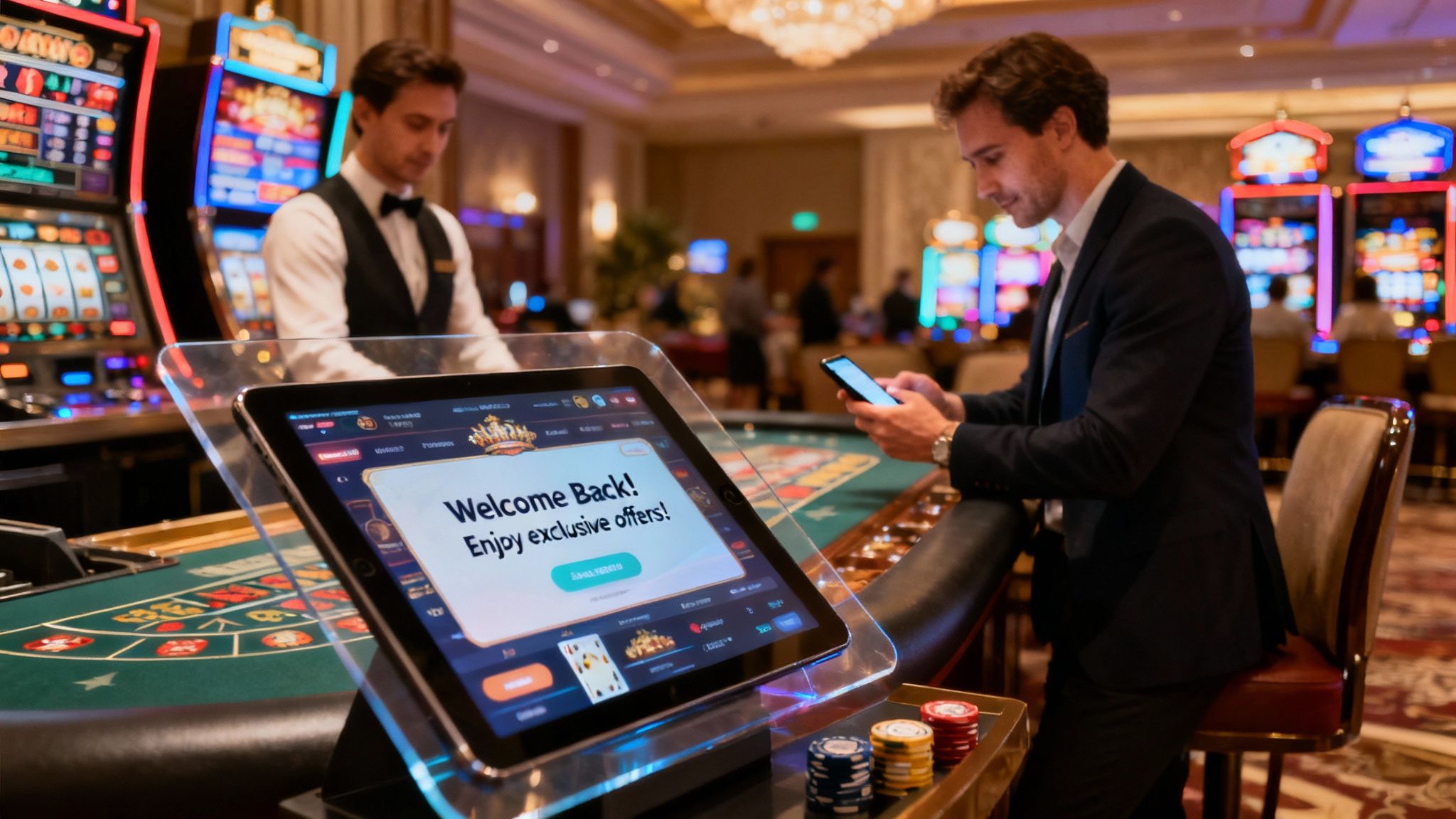 A person playing casino games on a smartphone with a vibrant, digital background