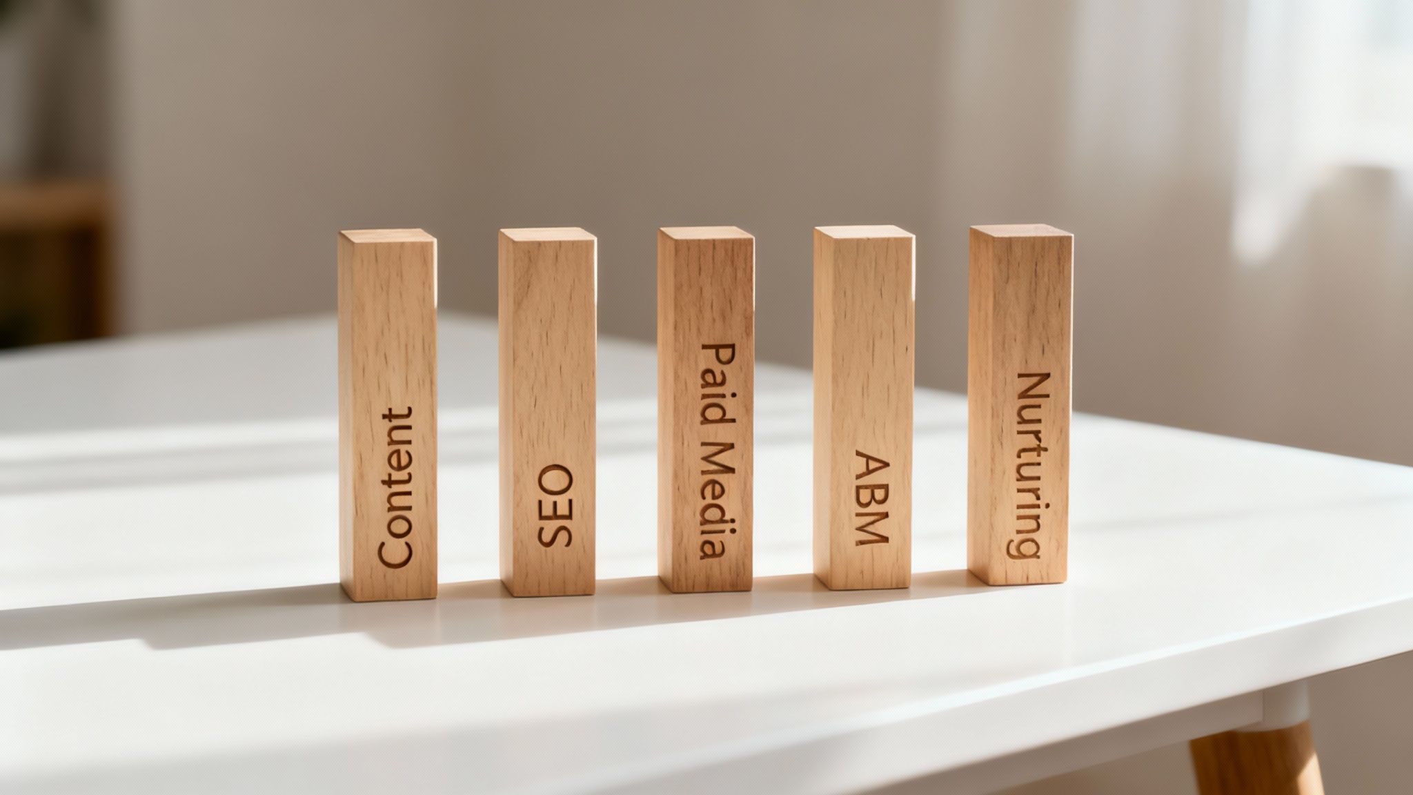 A colorful infographic displaying interconnected icons representing different marketing pillars.