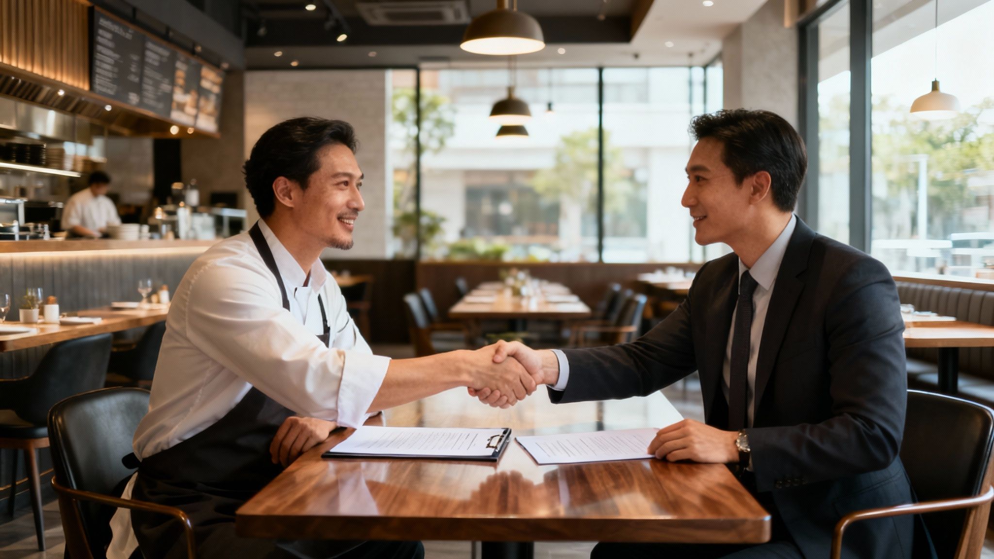 A focused business meeting where a consultant presents data to a restaurant owner.