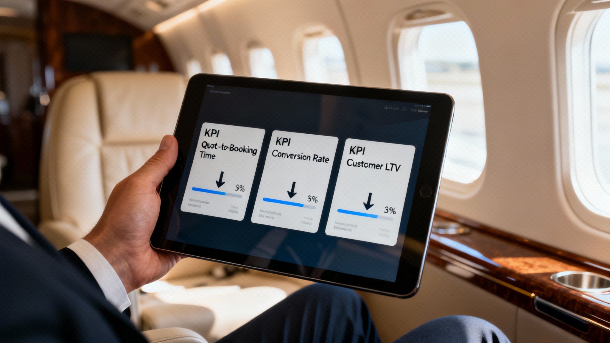 Business executive reviewing KPI dashboard analytics on tablet inside luxury private jet cabin