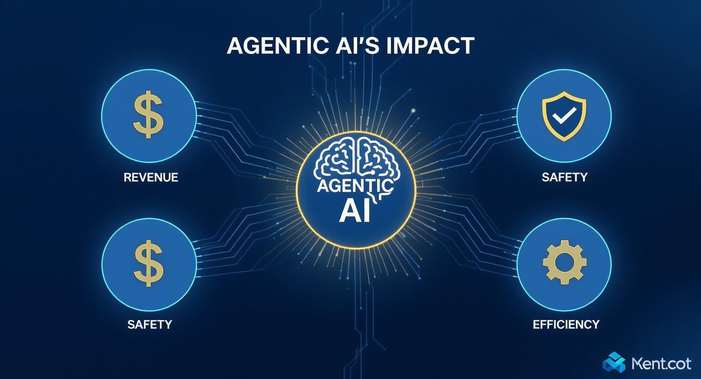 Agentic AI impact diagram showing revenue, safety, and efficiency benefits for private aviation industry