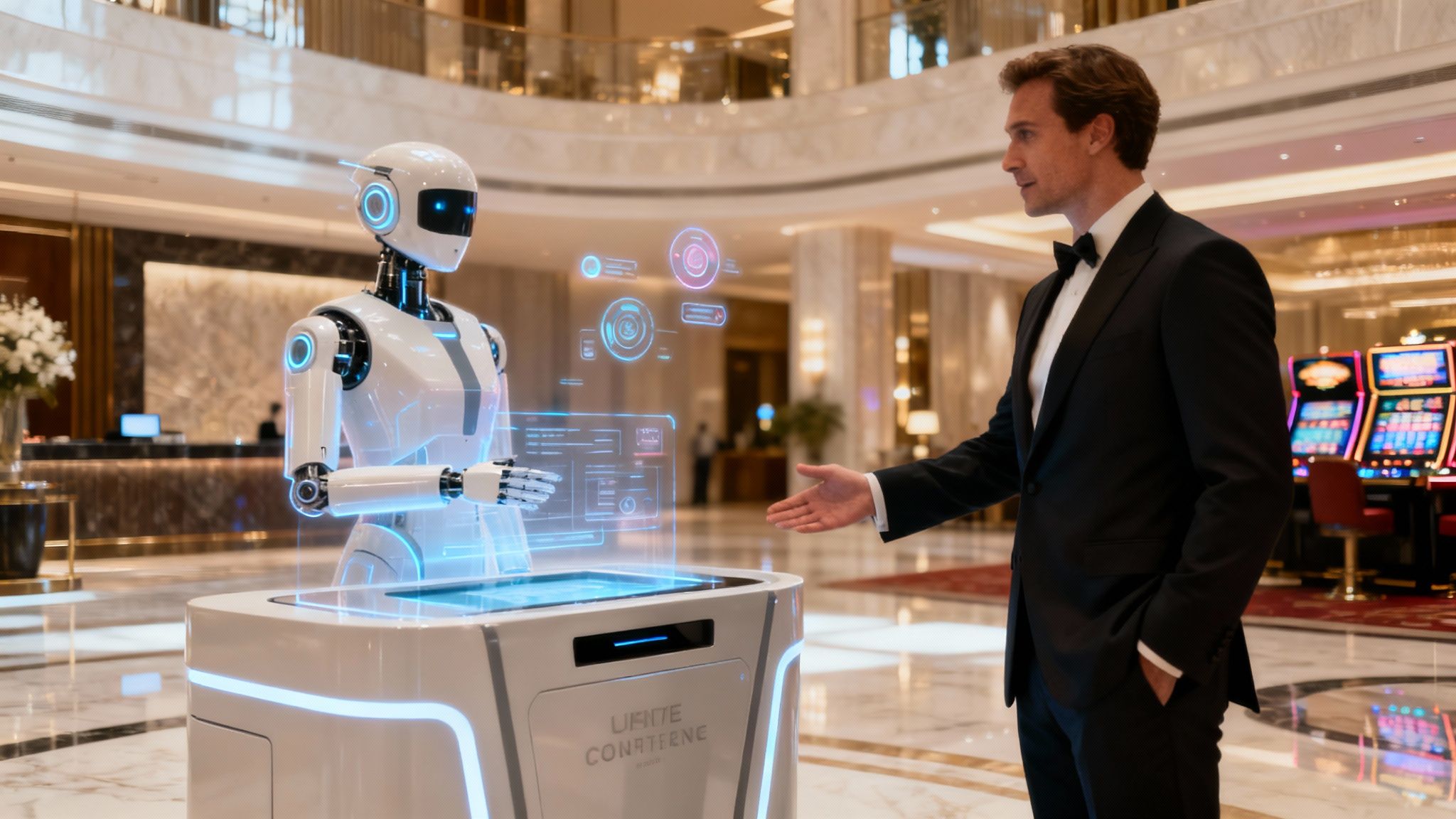 A modern hotel lobby with guests interacting with a digital kiosk, showing the integration of AI into the guest experience.