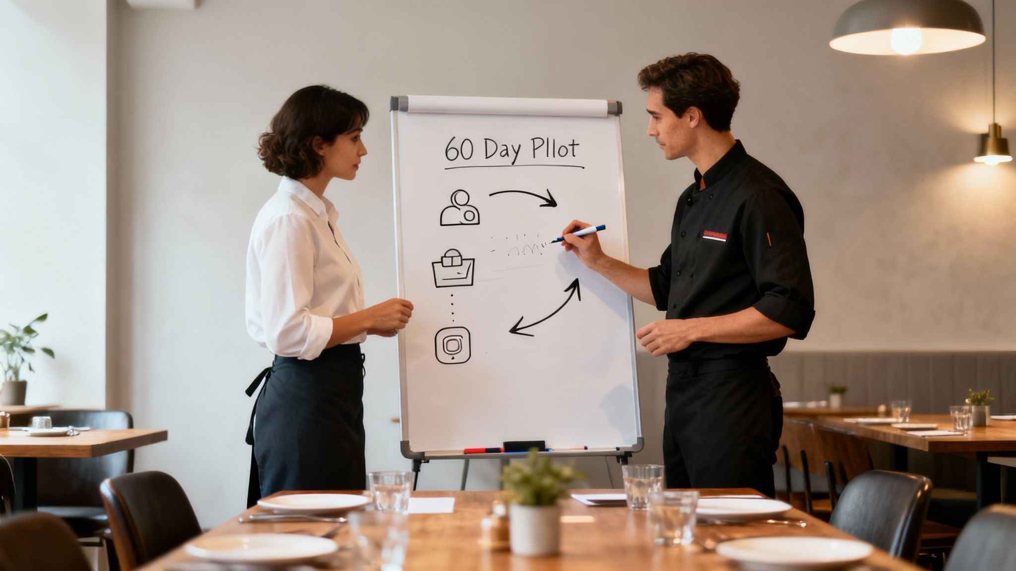 A restaurant manager and an agency partner collaborating over a tablet, reviewing a project timeline and key performance indicators in a well-lit cafe setting.