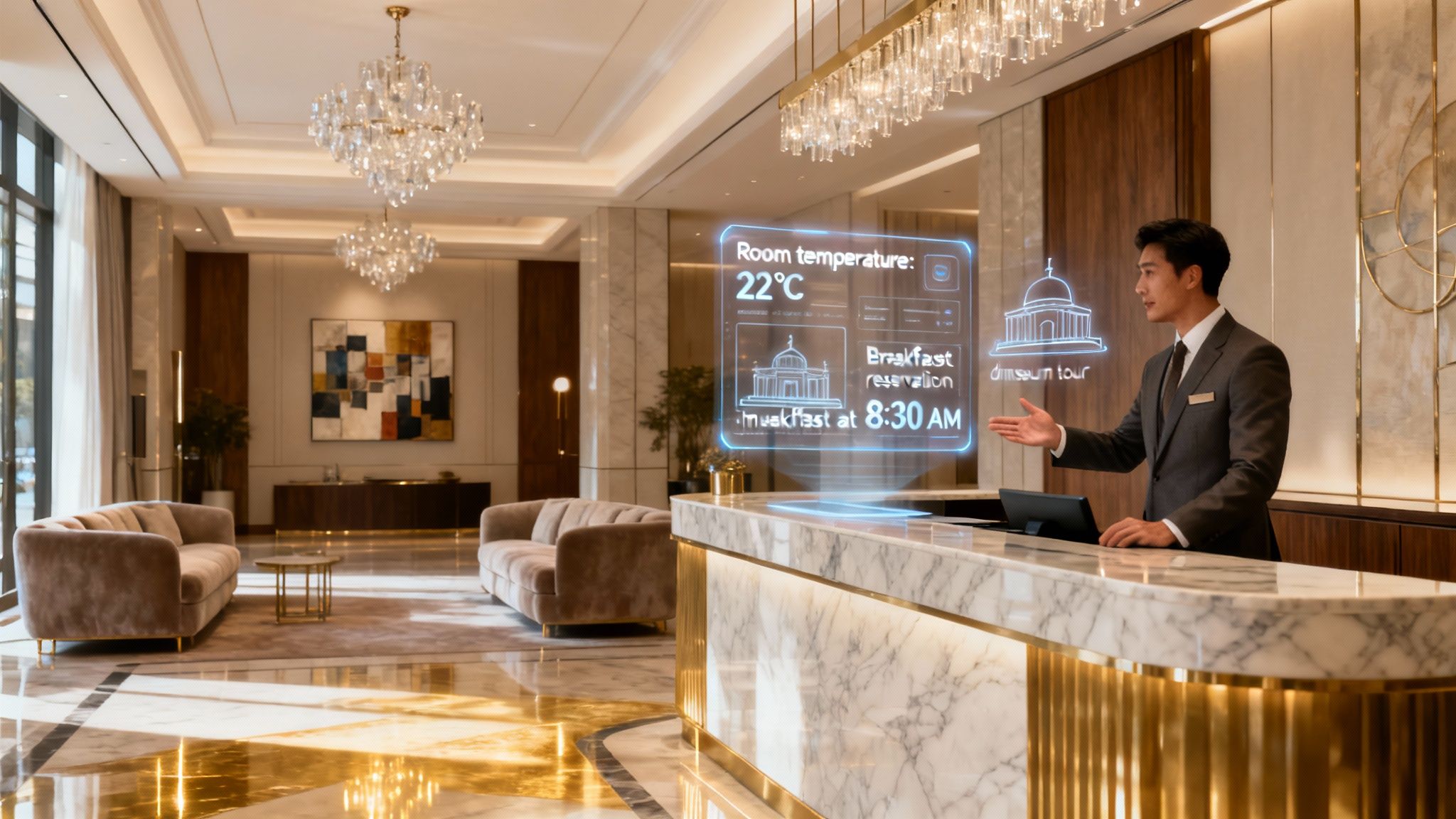 A luxurious hotel room with a city view, representing the high-end experience for VIP travelers.