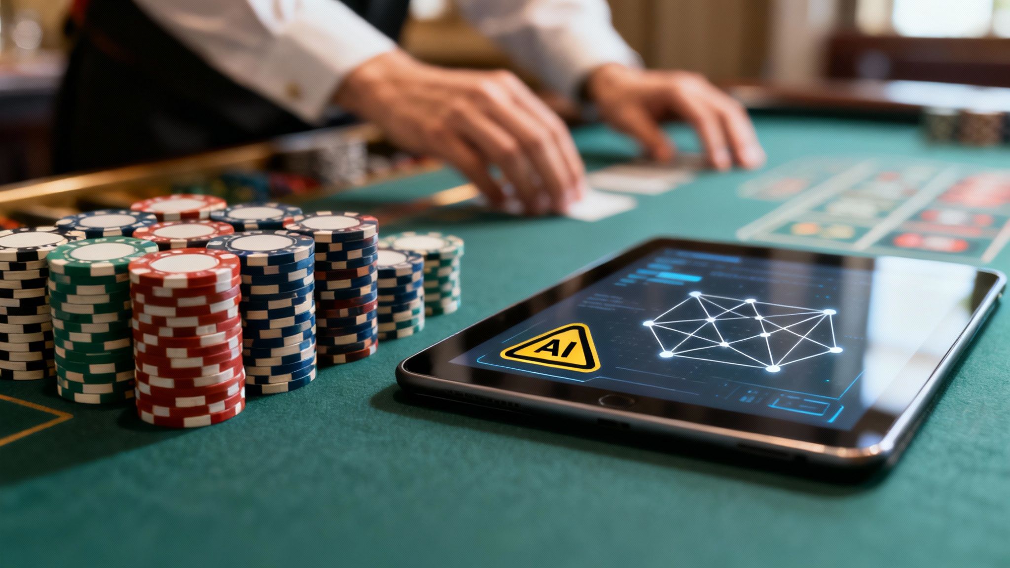 A compliance officer reviewing data on multiple screens in a modern office