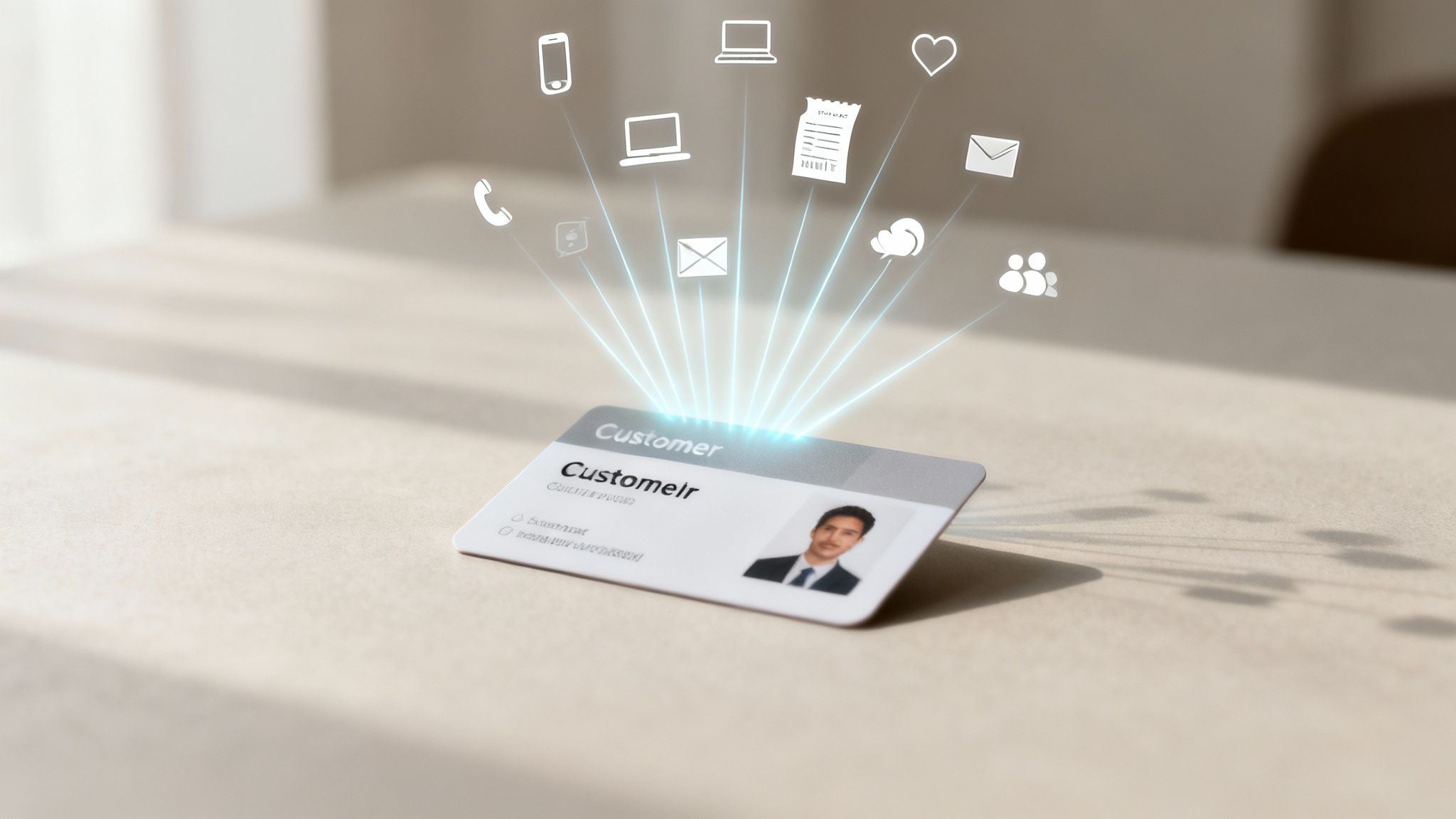 A customer ID card glowing with data connections to various digital communication and service icons.