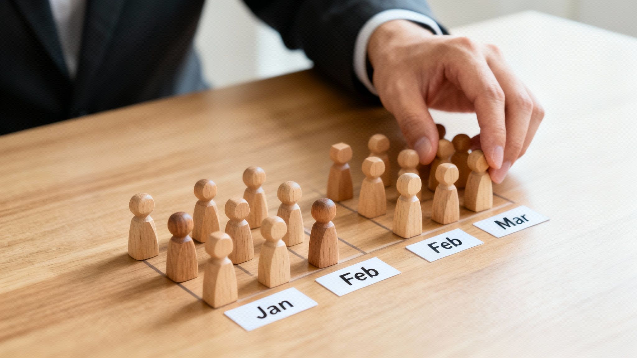 A group of business professionals collaborating around a table, analyzing charts and graphs on a laptop, representing cohort analysis in a strategic meeting.