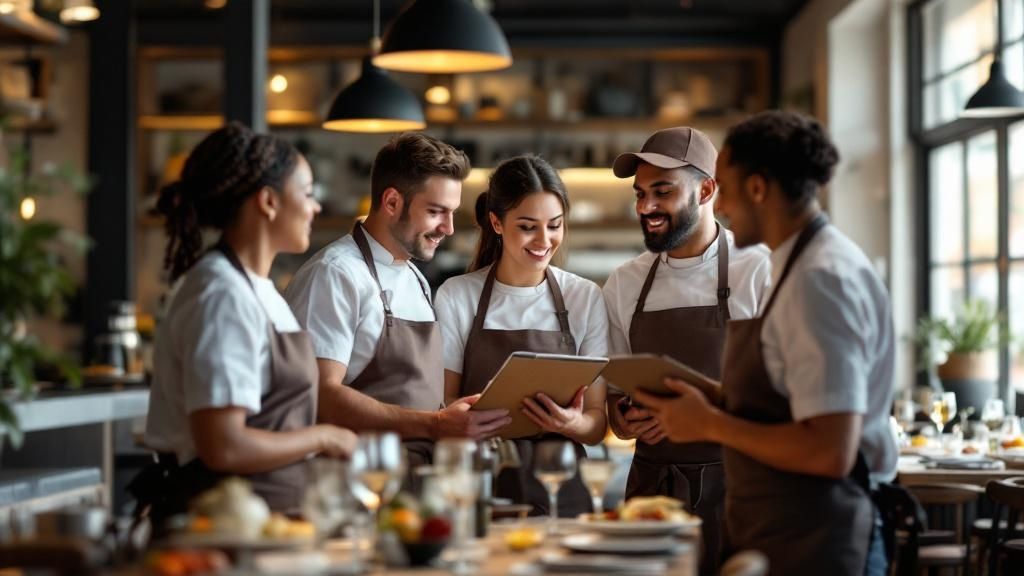 A restaurant team, including chefs and servers, in a huddle discussing workflow improvements.