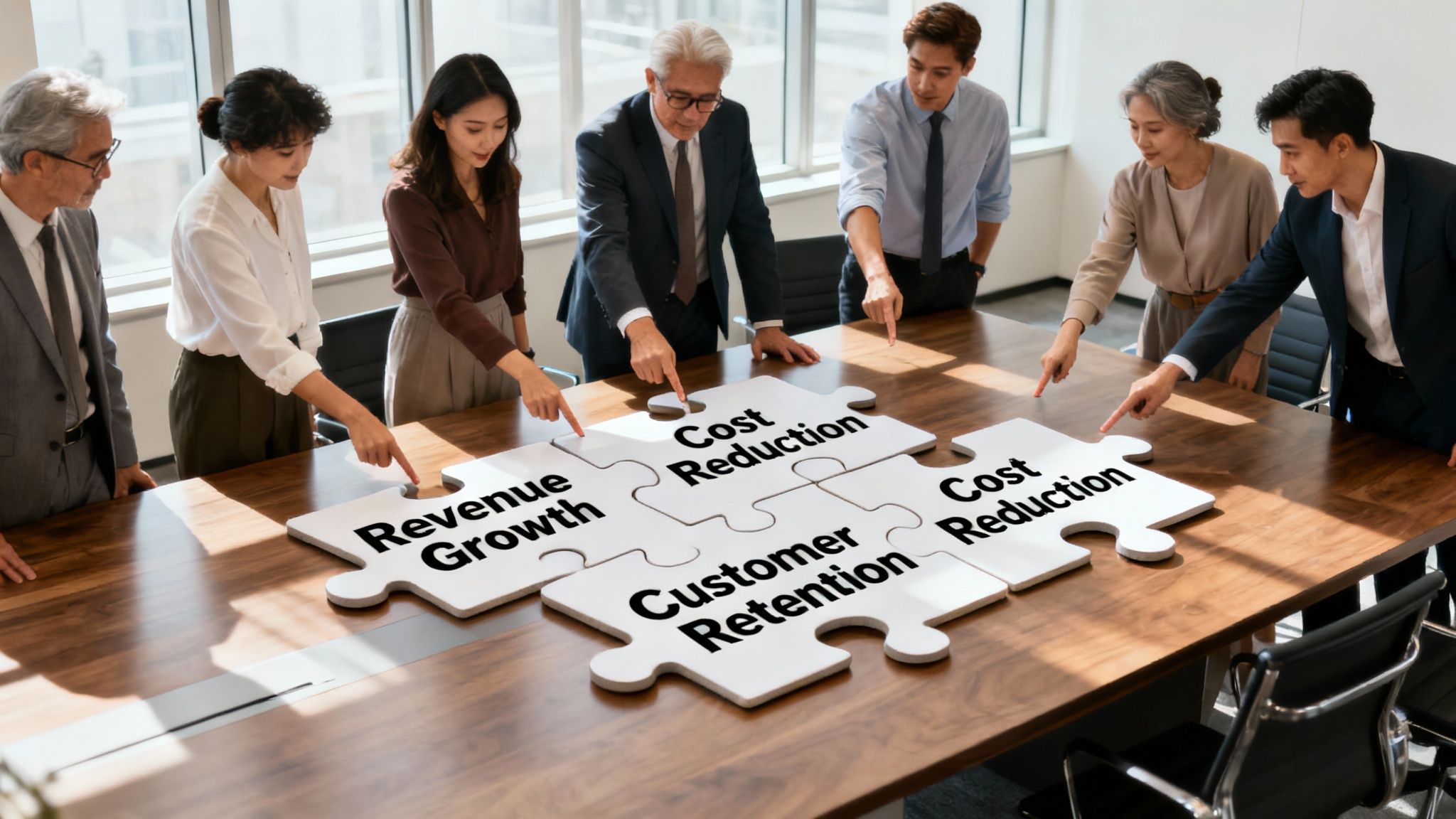 A team of executives in a modern office, gathered around a large screen displaying business analytics charts and data visualizations. They are actively engaged in a strategic discussion.