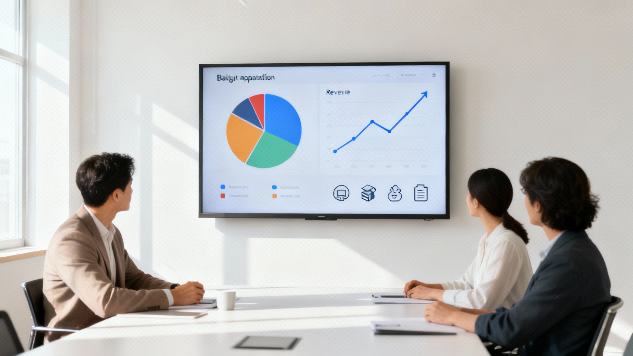 A diverse team of professionals in a modern office, collaborating over a digital dashboard showing growth metrics and charts.