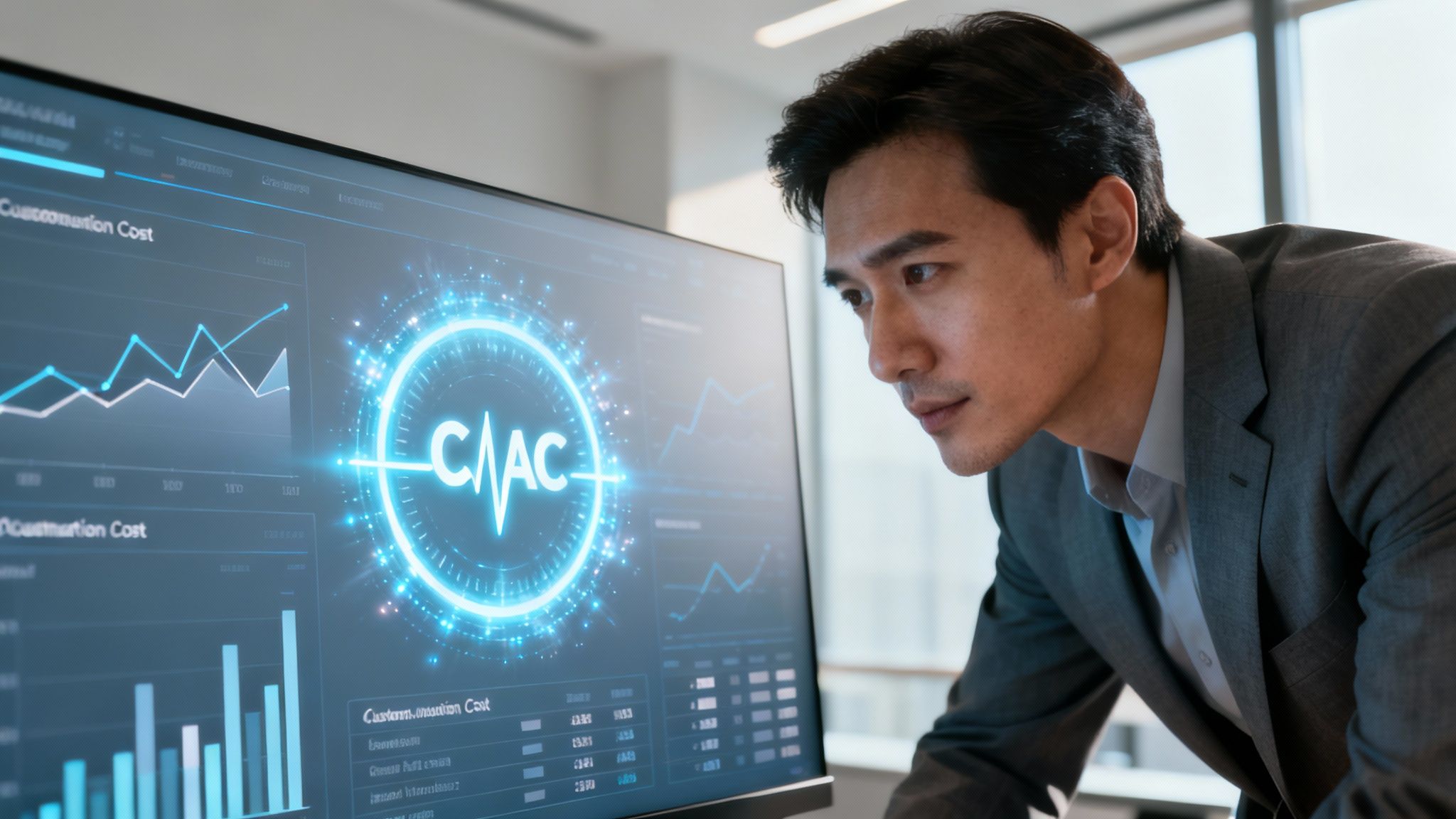 A businessperson analyzing charts and graphs related to customer acquisition costs on a digital screen.