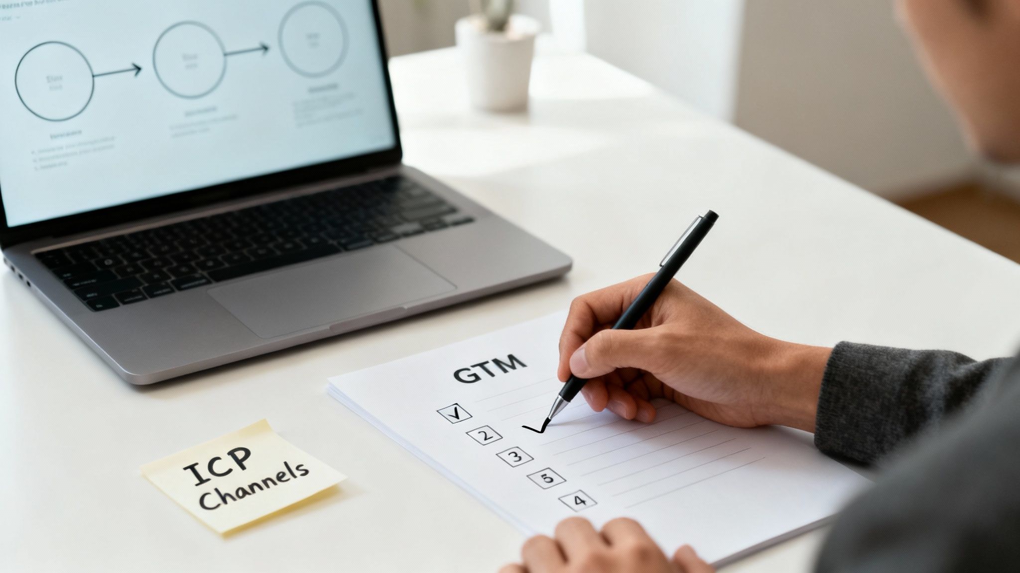 A team collaborating around a whiteboard, mapping out a step-by-step process for their go-to-market strategy.