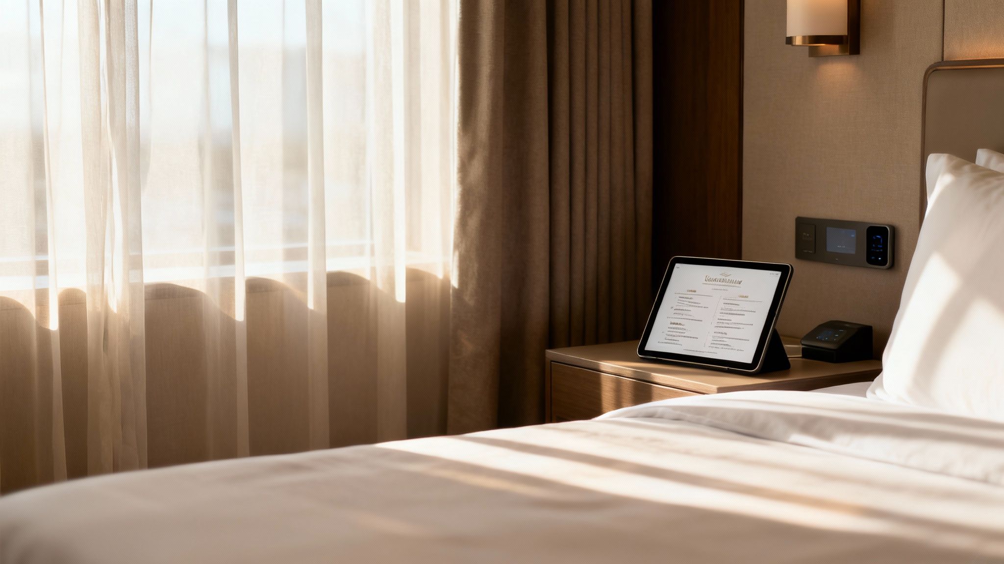 Sunlit hotel room featuring a bed, a bedside table with a tablet, and sheer curtains.