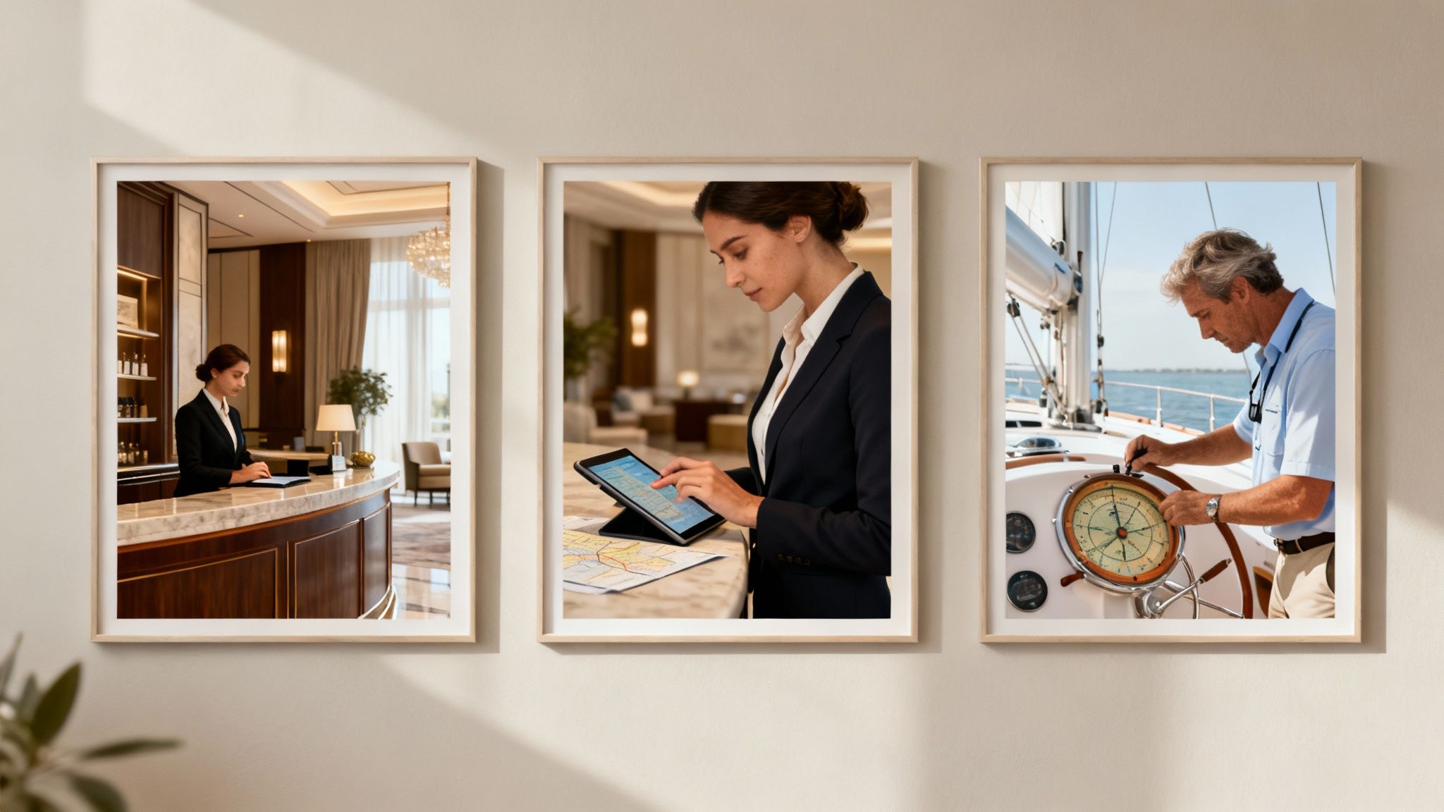 Three framed images depicting luxury travel experiences: a hotel receptionist, a woman using a tablet with a map, and a man sailing.