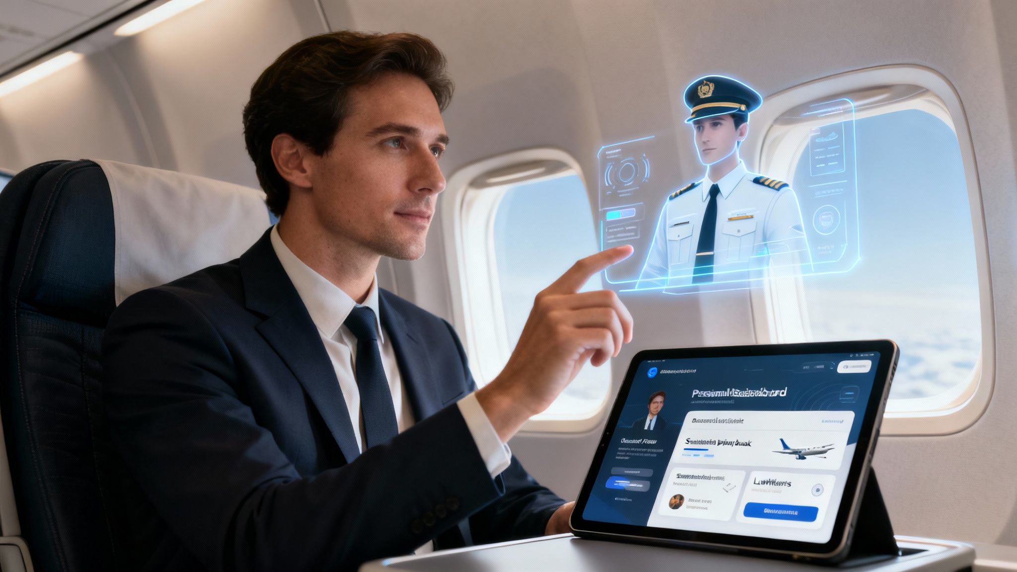 Man in a suit on an airplane interacts with a holographic AI pilot and a digital dashboard on a tablet.