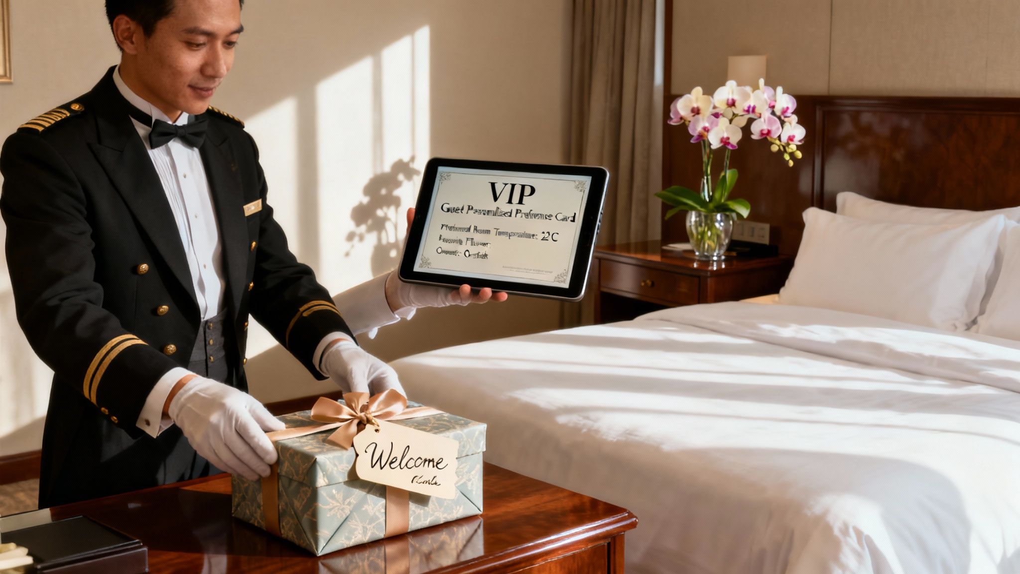 A hotel concierge warmly greeting a smiling VIP guest in a luxurious lobby setting.