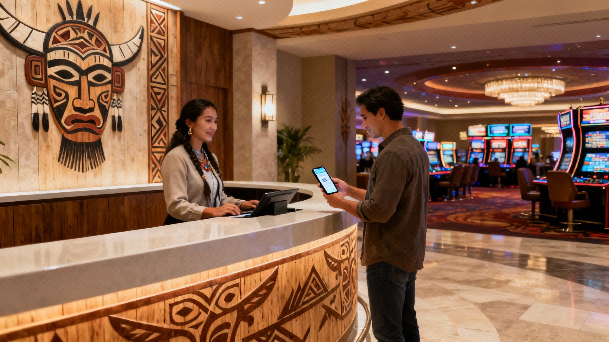 An abstract image showing digital network connections overlaid on a modern casino interior, representing the integration of technology in gaming.