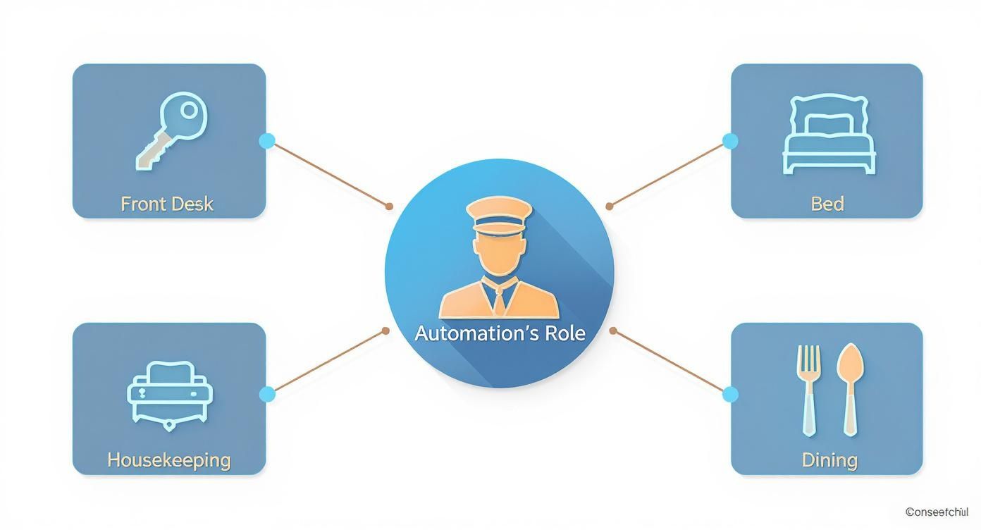 Hotel automation system diagram showing connections between front desk, housekeeping, bed, and dining services