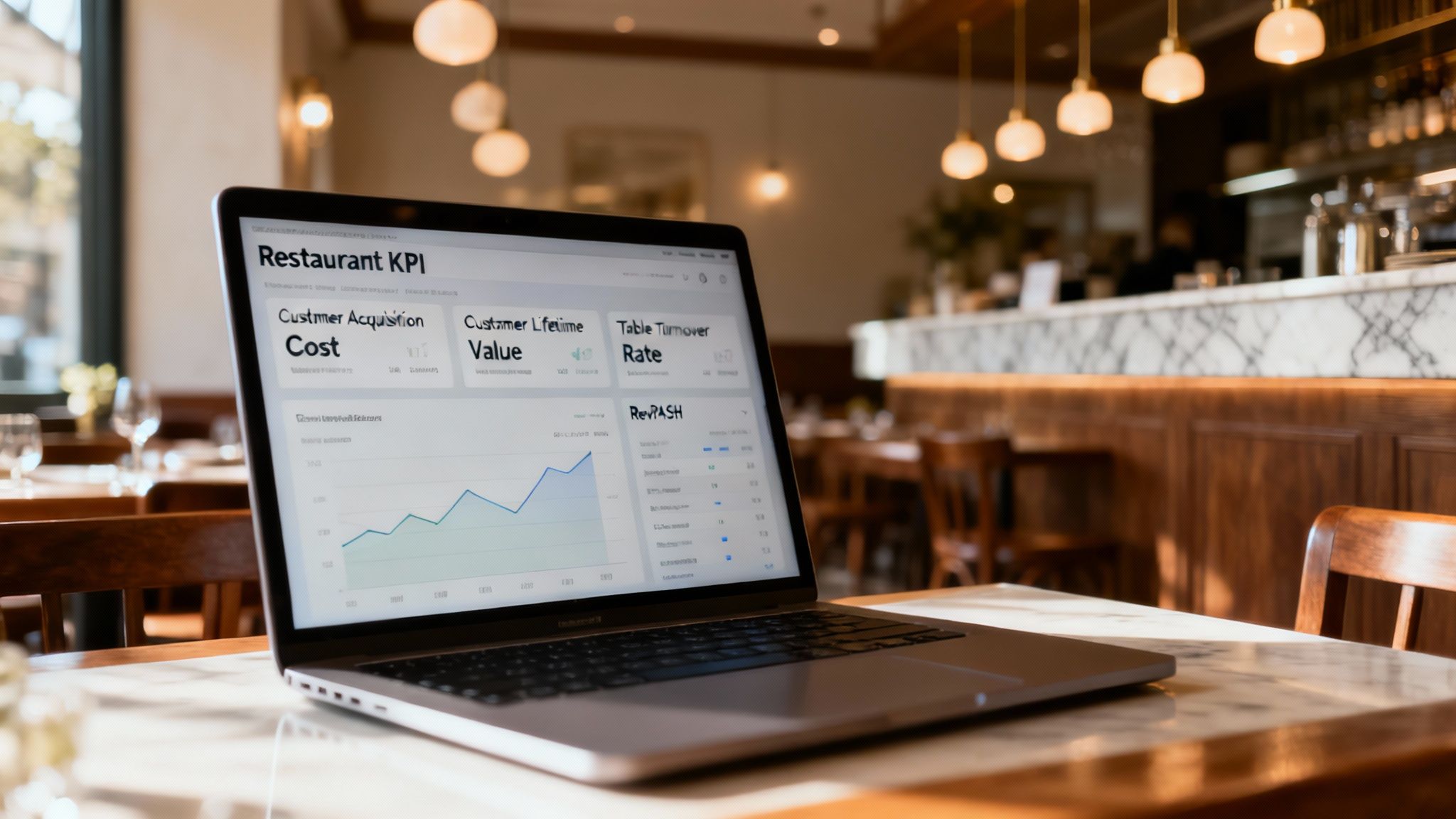 A close-up shot of a restaurant dashboard on a tablet showing KPIs like customer acquisition cost and table turnover rate.