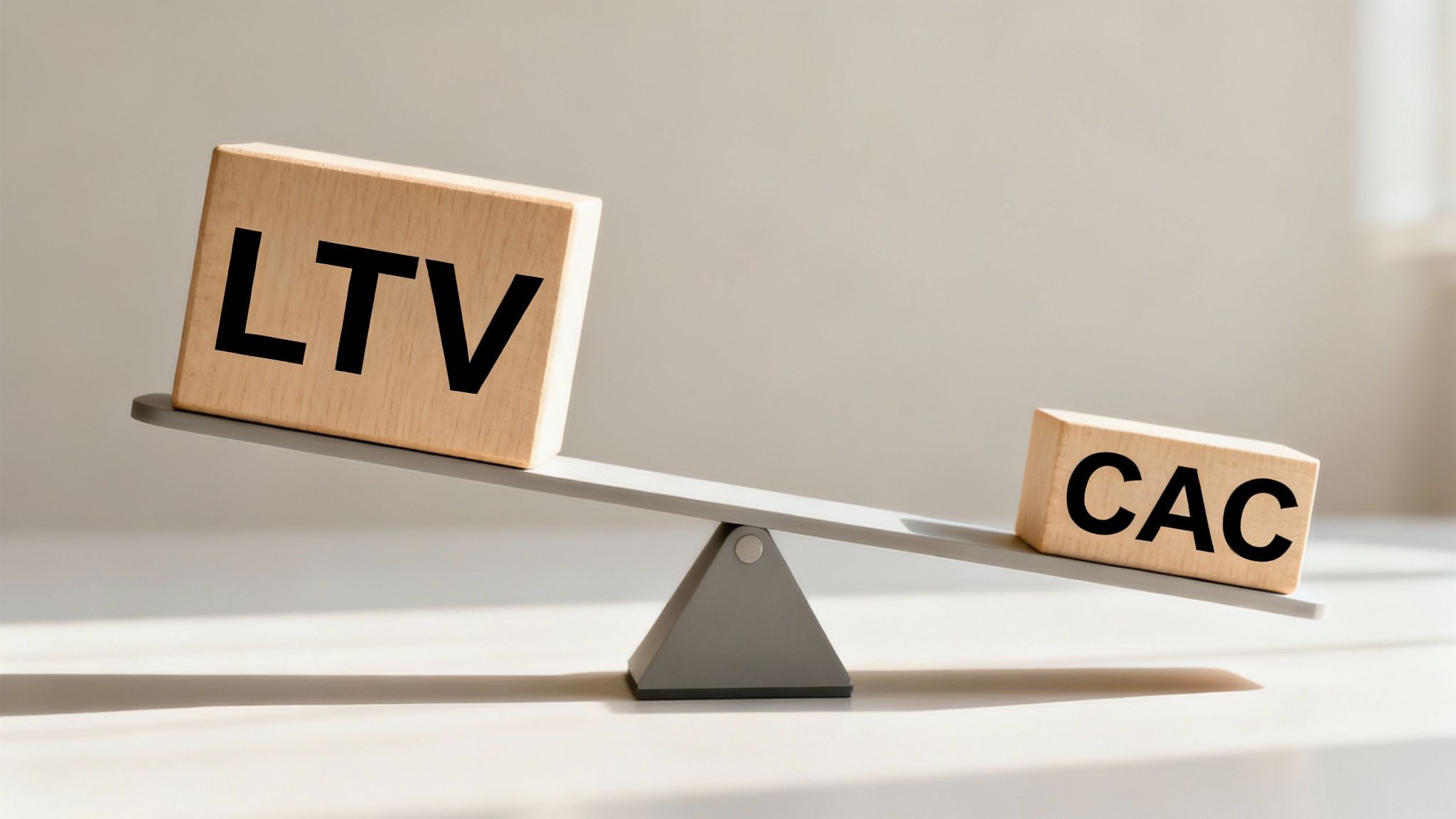 A seesaw with 'LTV' on one end and 'CAC' on the other, showing a healthy balance.