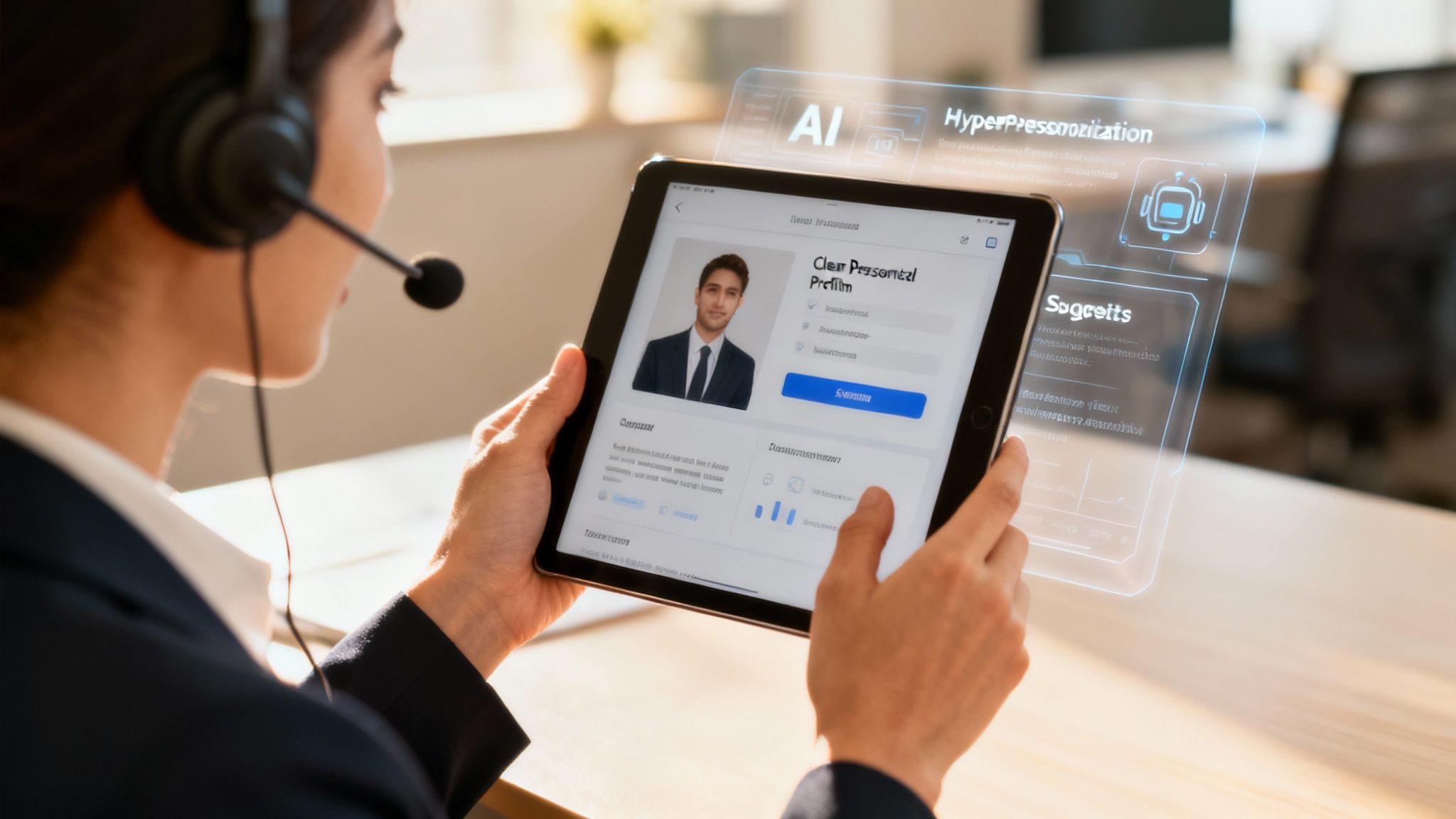 A digital illustration showing personalized customer profiles connected by AI-driven data streams.