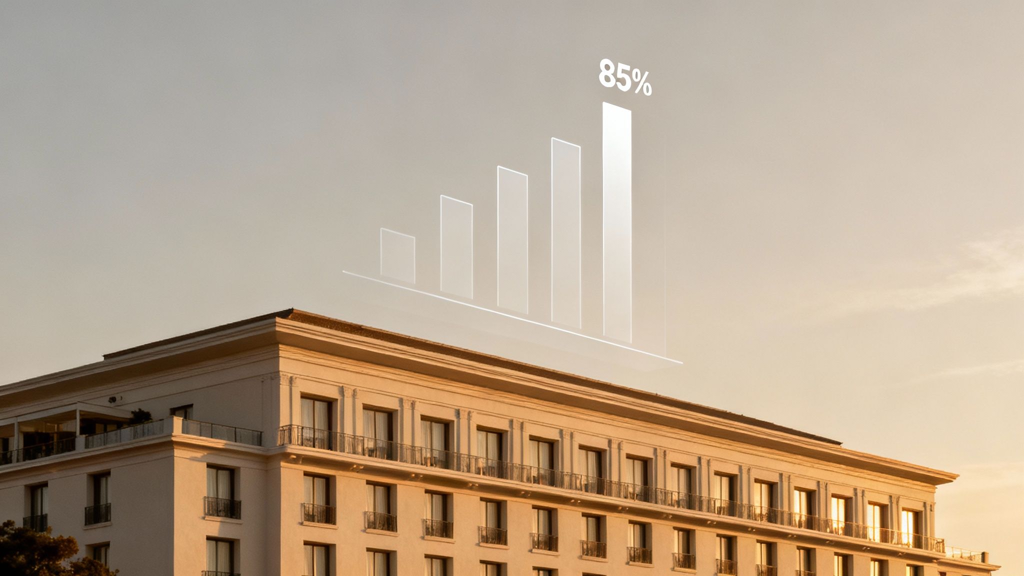 Modern hotel building with ascending bar chart showing eighty-five percent growth in revenue performance