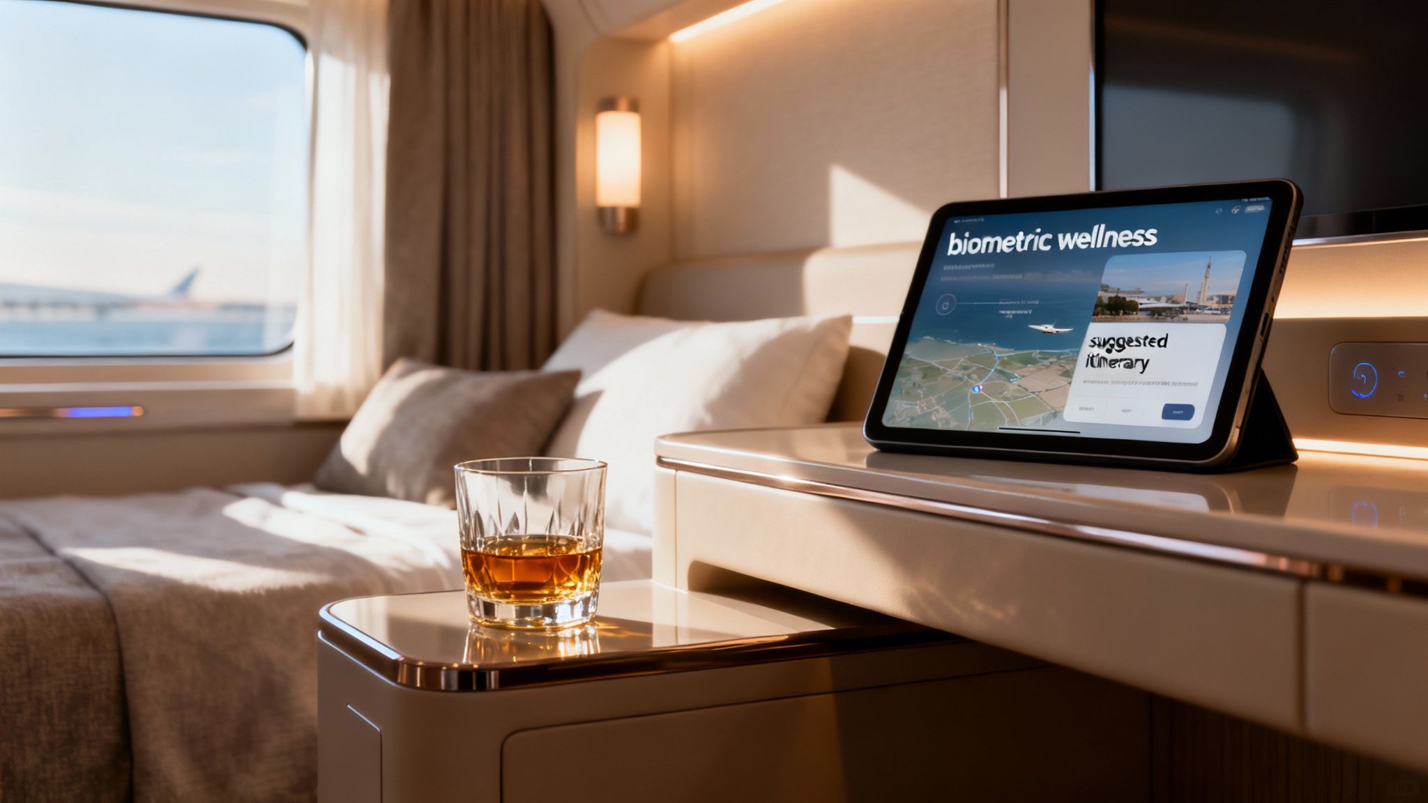 Luxurious travel cabin with a bed, window view, a drink, and a tablet showing 'biometric wellness' app.
