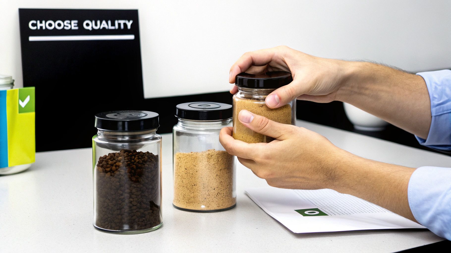 Hands hold a jar of coffee powder, with other ingredient jars and a 'Choose Quality' sign on a table.