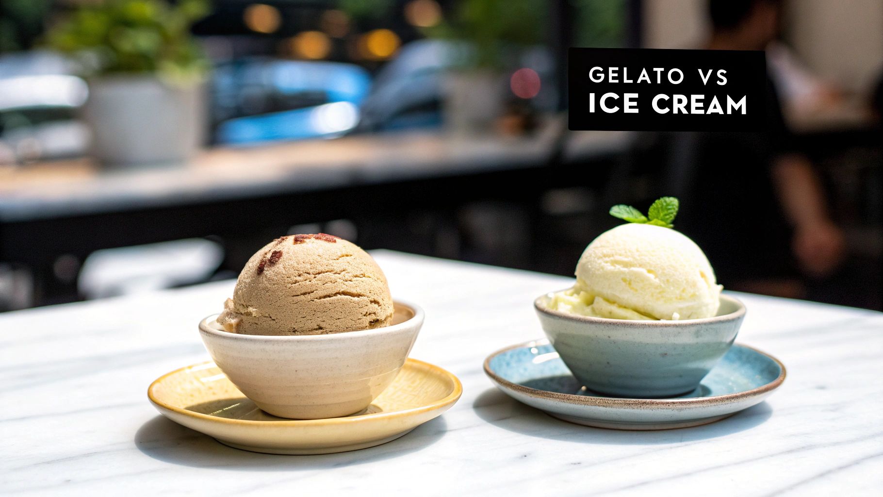 Two scoops of frozen dessert, one brown and one vanilla with mint, in bowls on a marble table, with 'GELATO VS ICE CREAM' text overlay.