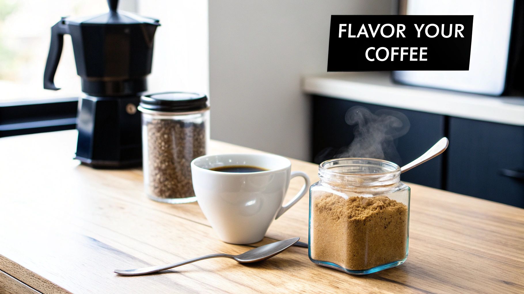 A moka pot, coffee cup, and brown sugar with a spoon to flavor your morning coffee.