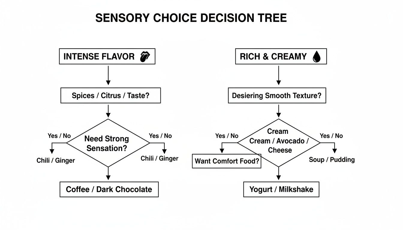 A sensory choice decision tree diagram guiding food preferences based on intense flavor or rich and creamy textures.